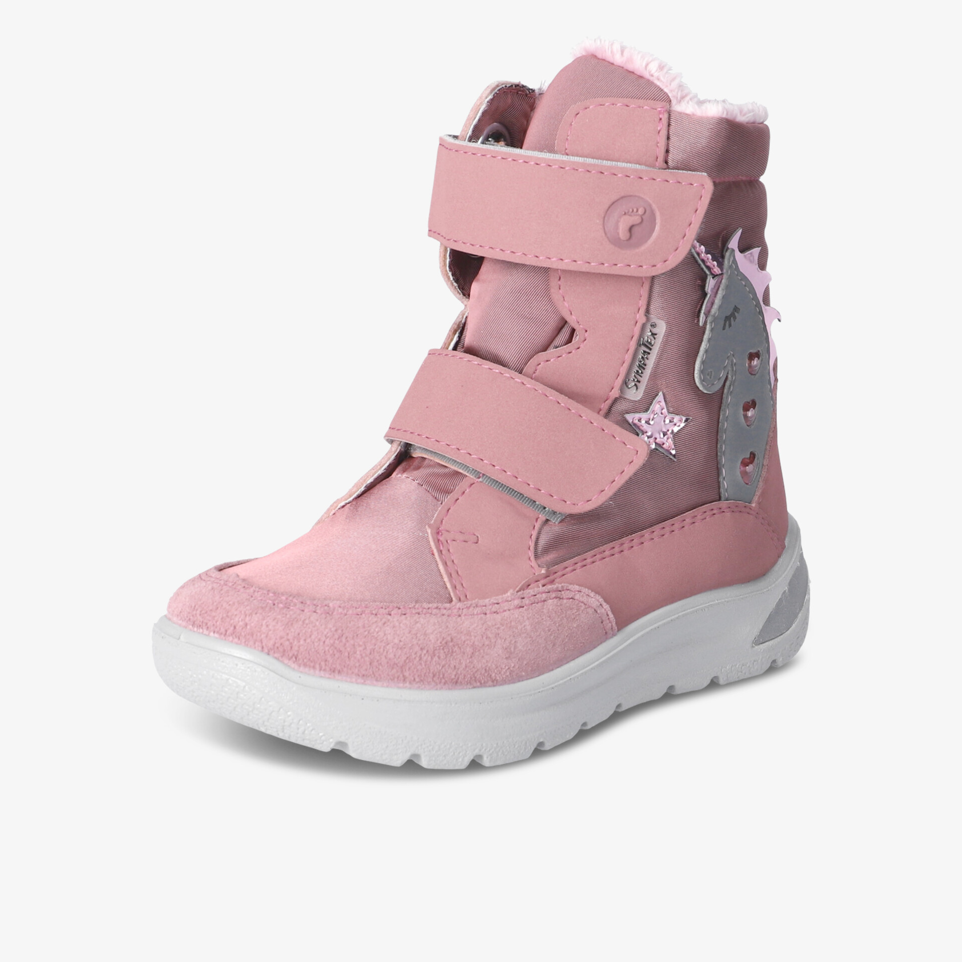 Rosa Winterstiefel mit Klettverschlüssen, warm gefüttert, robust und mit Stern-Design an der Seite