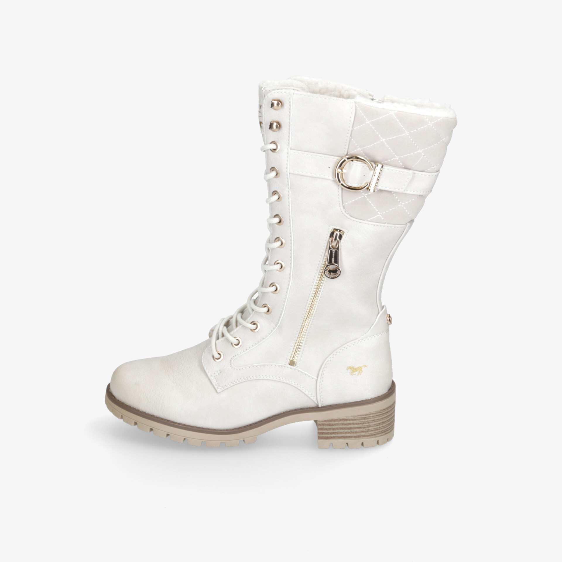 Eleganter weißer Stiefel mit Schnürung, Seitentasche und Schnalle. Komfort und Stil für jede Gelegenheit.