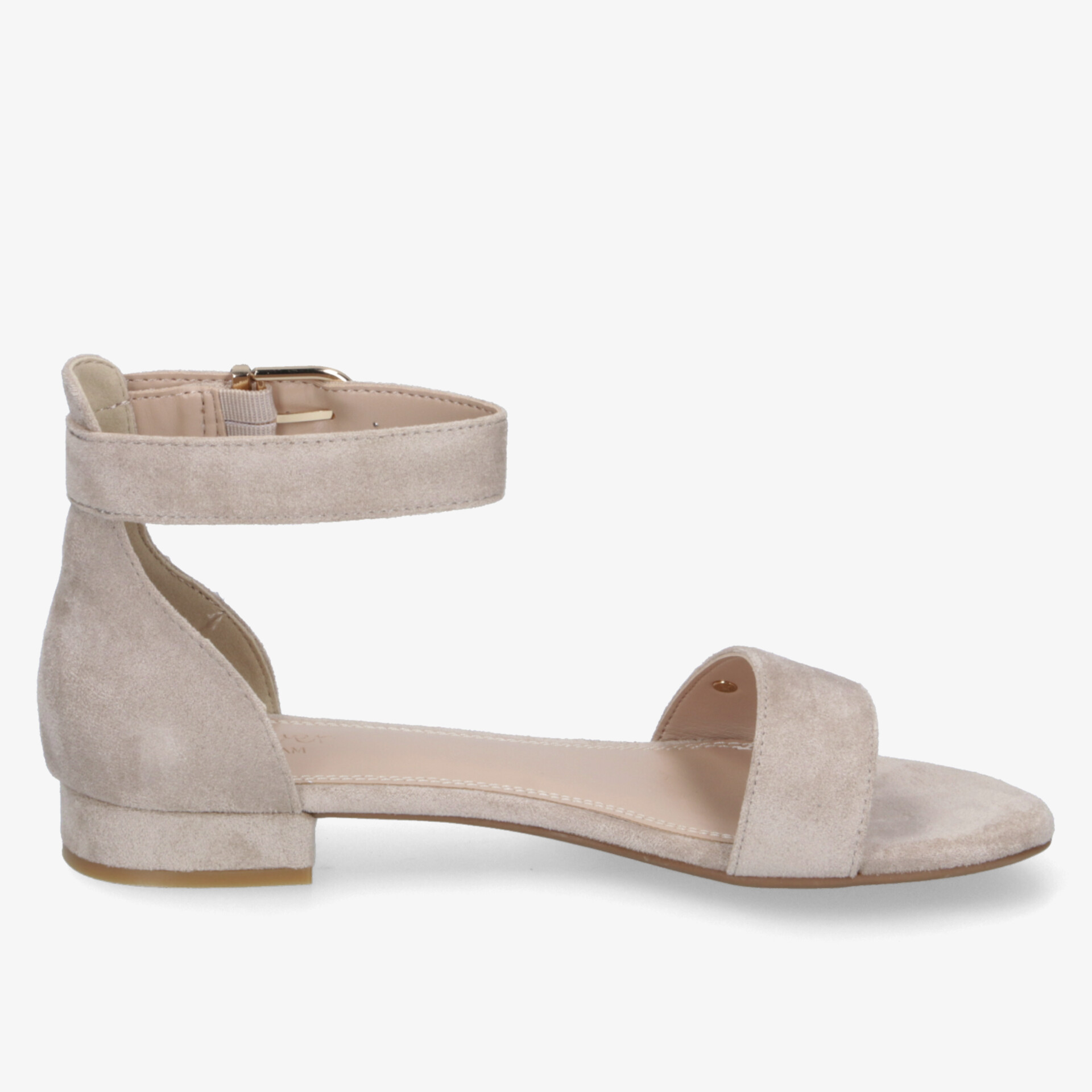 Beige flache Sandale aus Veloursleder mit offenem Zehenbereich und verstellbarem Knöchelriemen für hohen Tragekomfort