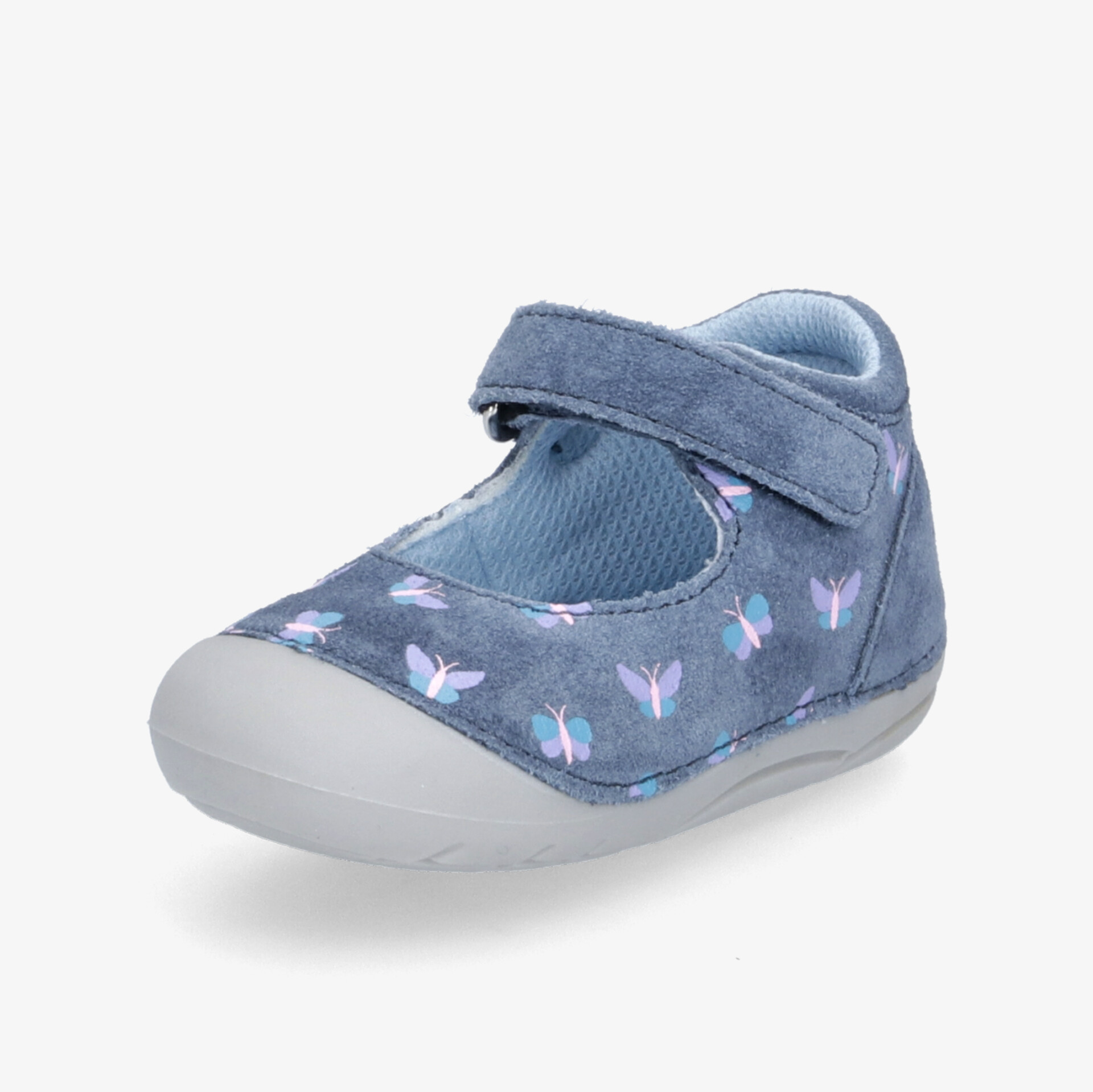 Bequemer Kinderhalbschuh in Blau mit hübschem Schmetterlingsmuster und praktischem Klettverschluss.