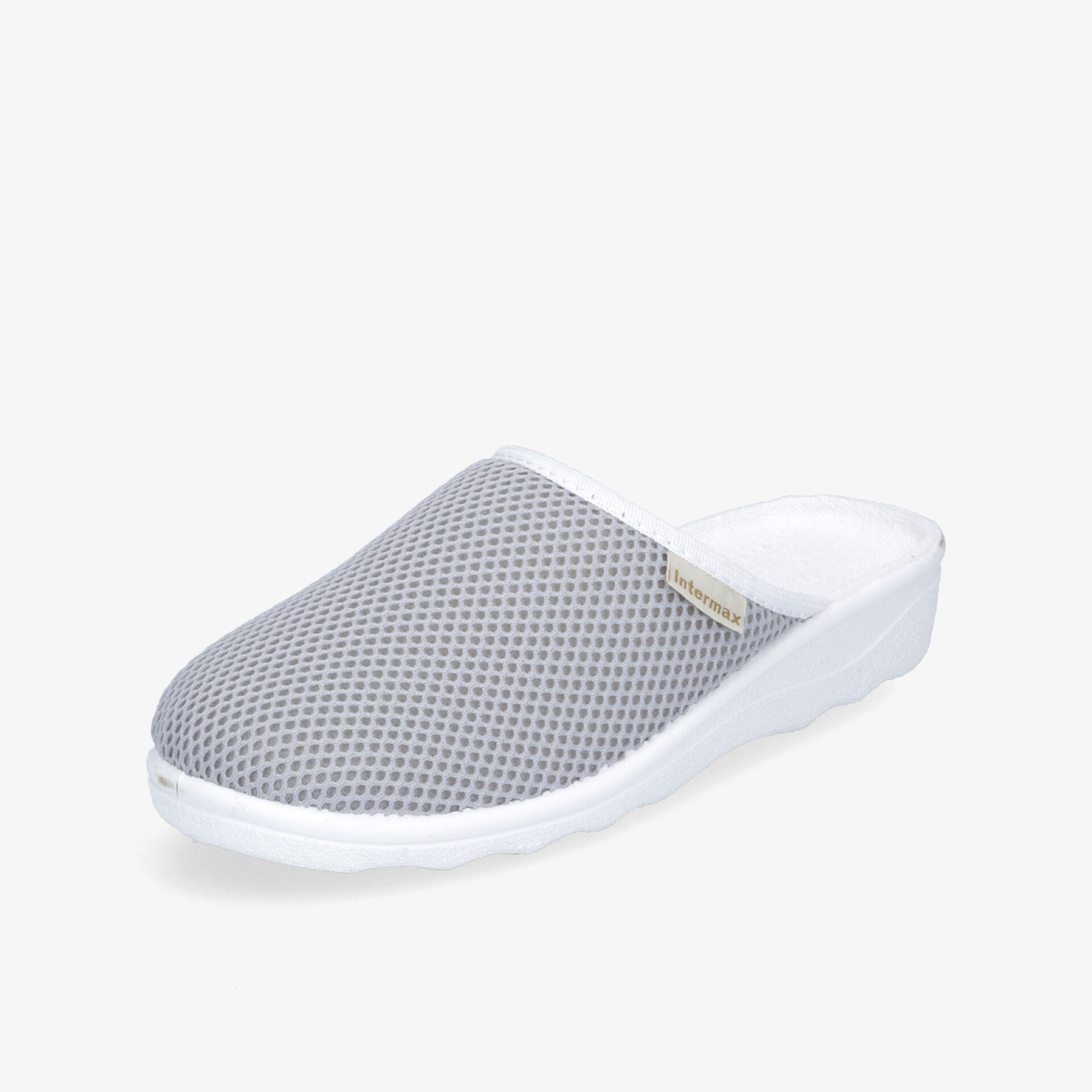 Bequemer und leichter Hausschuh in Grau-Weiß, atmungsaktiv mit rutschfester Sohle, ideal für den Alltag.