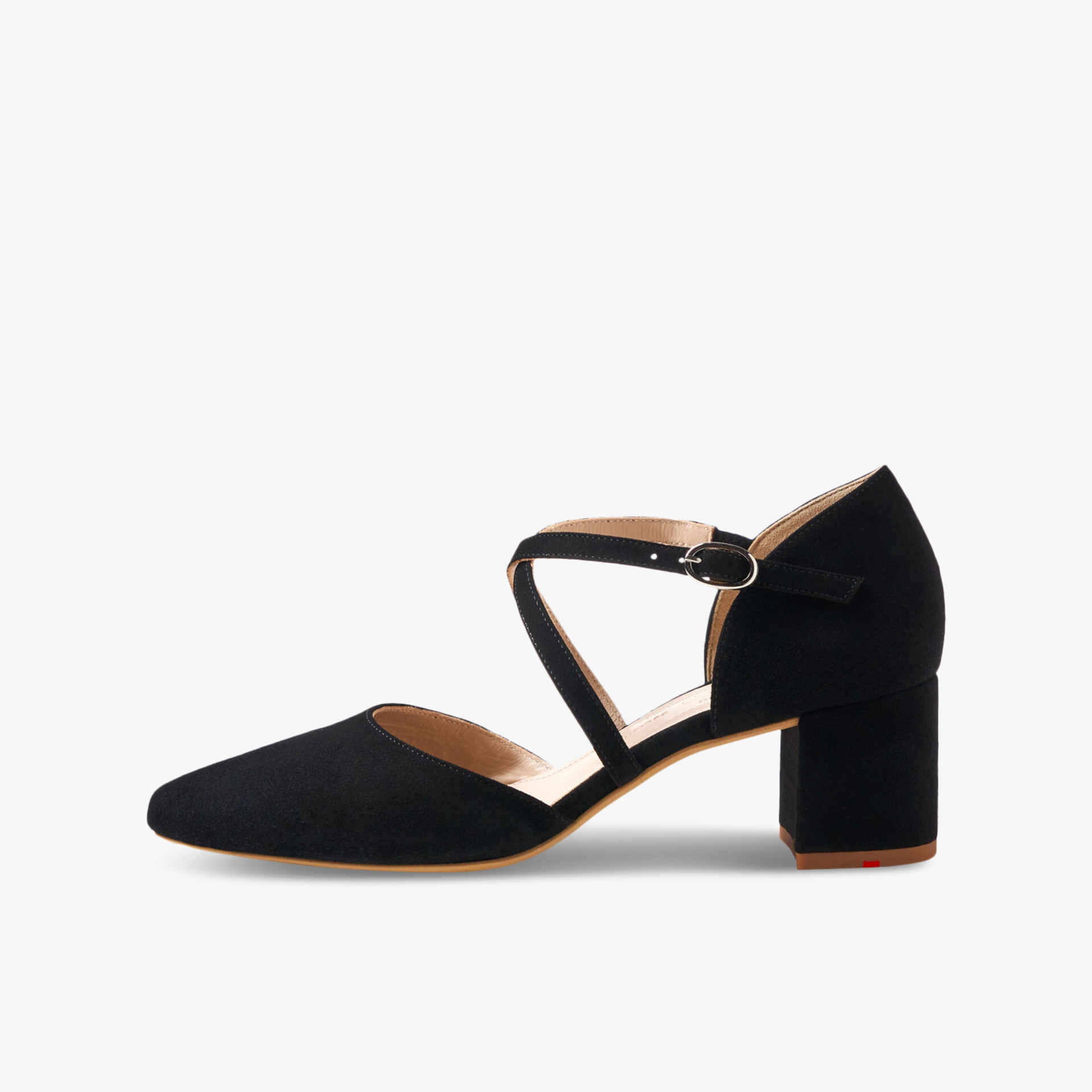 Eleganter schwarzer Schuh mit Crossover-Riemen und Blockabsatz für stilvolle Anlässe und Komfort.