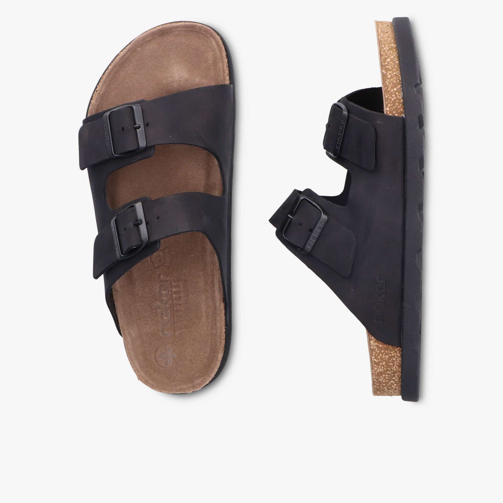 Komfortable Sandale mit verstellbaren Schnallen und weichem Fußbett auf Natur-Korksohle in klarer Seiten- und Draufsicht
