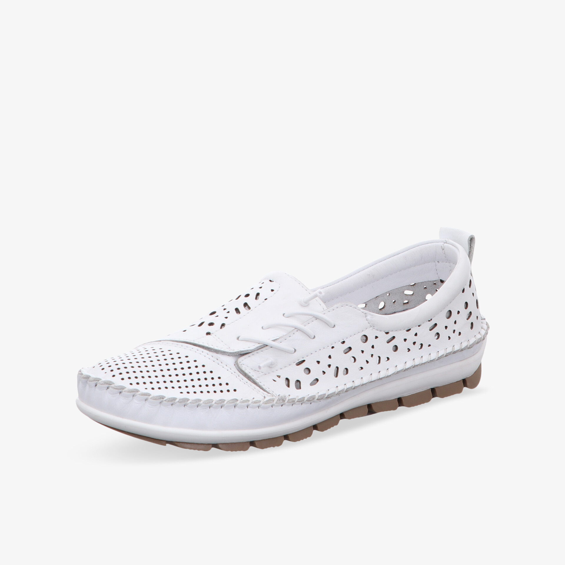 Leichter weißer Schuh mit perforiertem Obermaterial, atmungsaktiv und flexibler Gummisohle für hohen Tragekomfort.