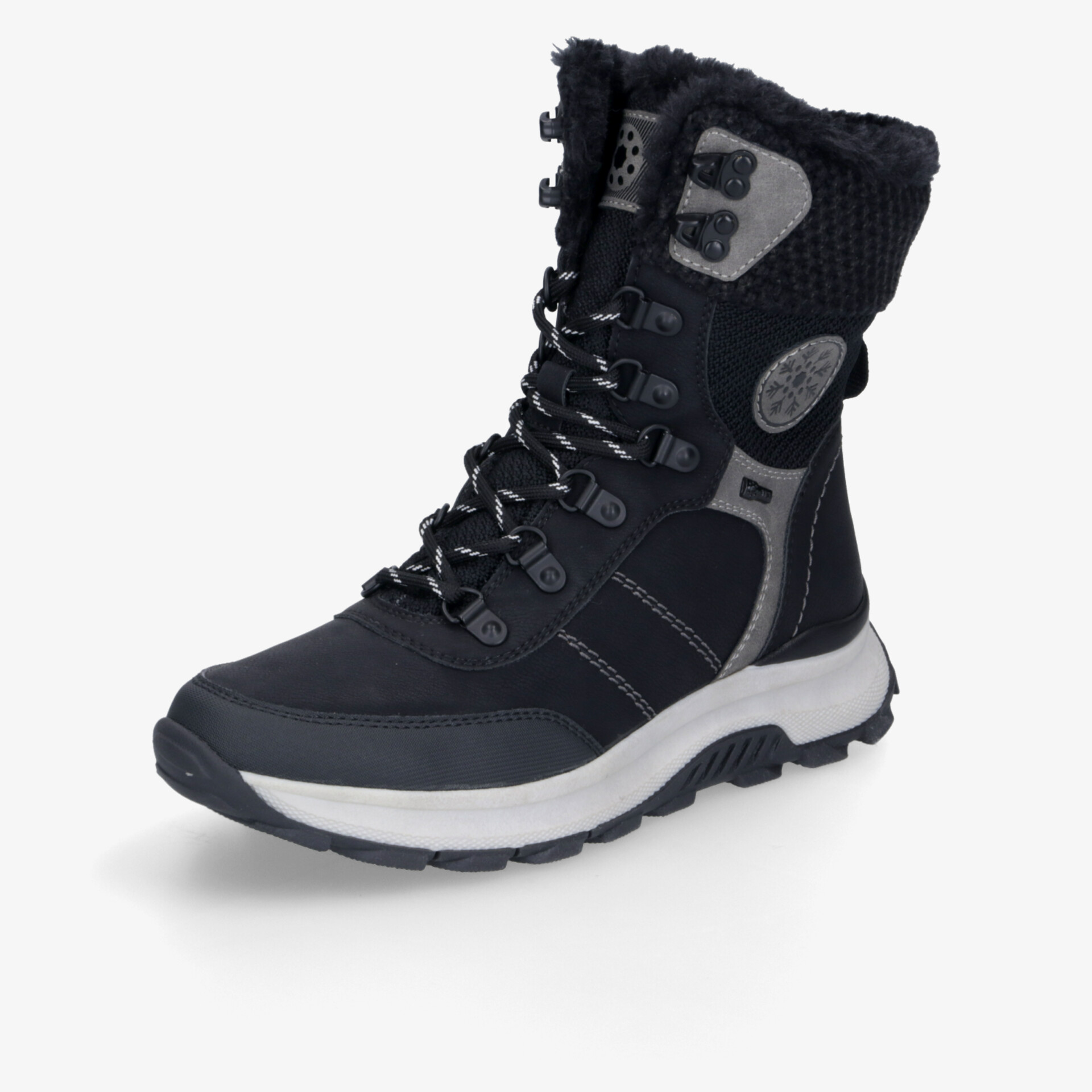 Schwarzer Winterstiefel mit hohem Schaft, warmer Innenfutter, stabiler Sohle und schnürbarem Verschluss