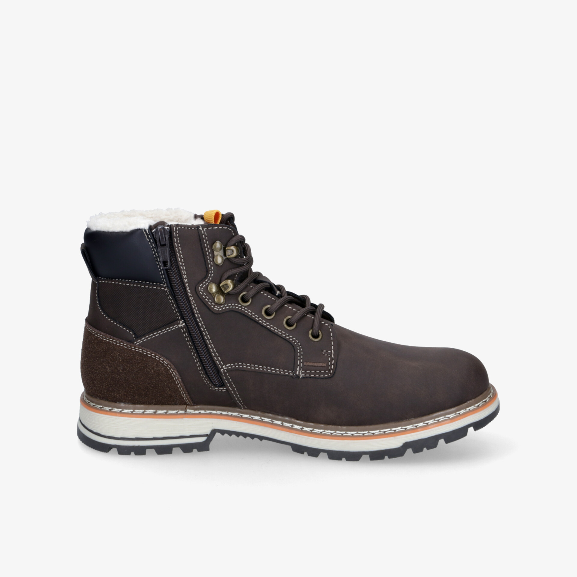 Robuster dunkelbrauner Winterstiefel mit warmem Innenfutter und rutschfester Sohle, seitlicher Reißverschluss