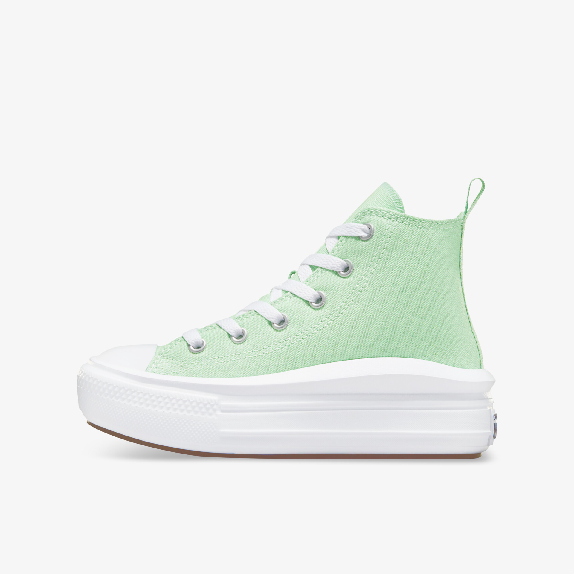seitlich abgebildeter mintgrüner Sneaker mit hoher Plattformsohle und klassischer Schnürung, moderner Stil