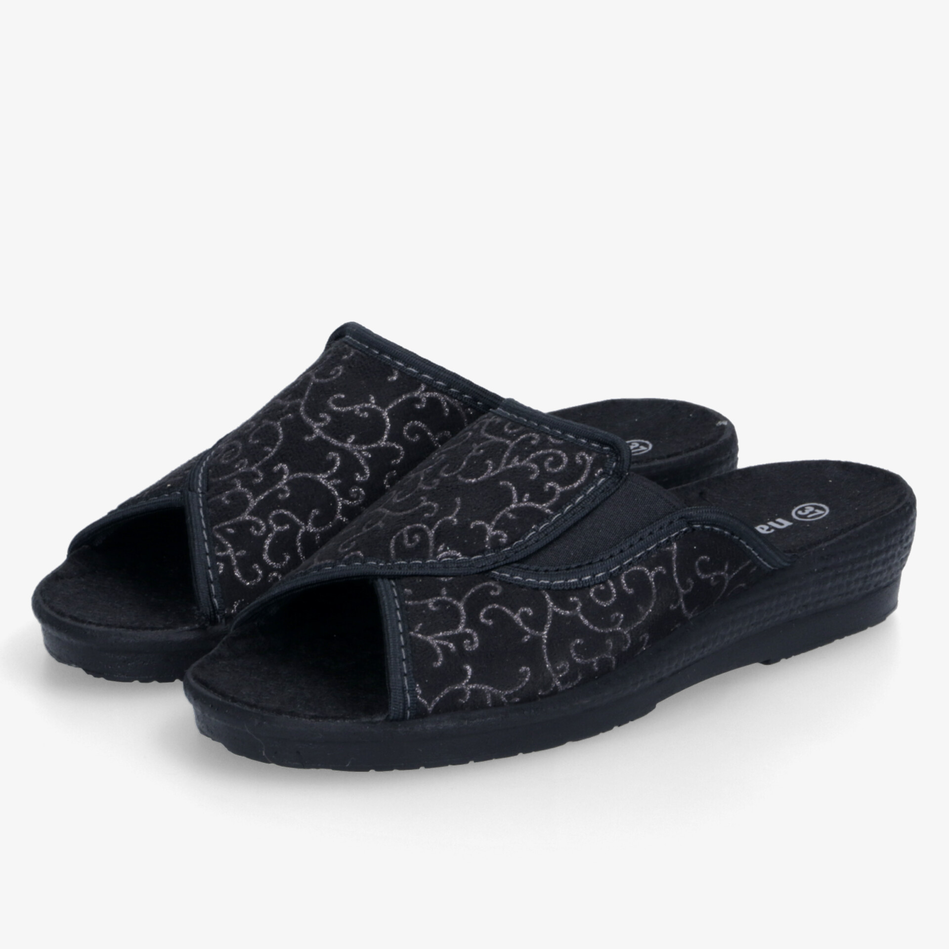 Bequeme schwarze Hausschuhe mit gepolsterter Innensohle und rutschfester Sohle, offenes Design für optimalen Komfort