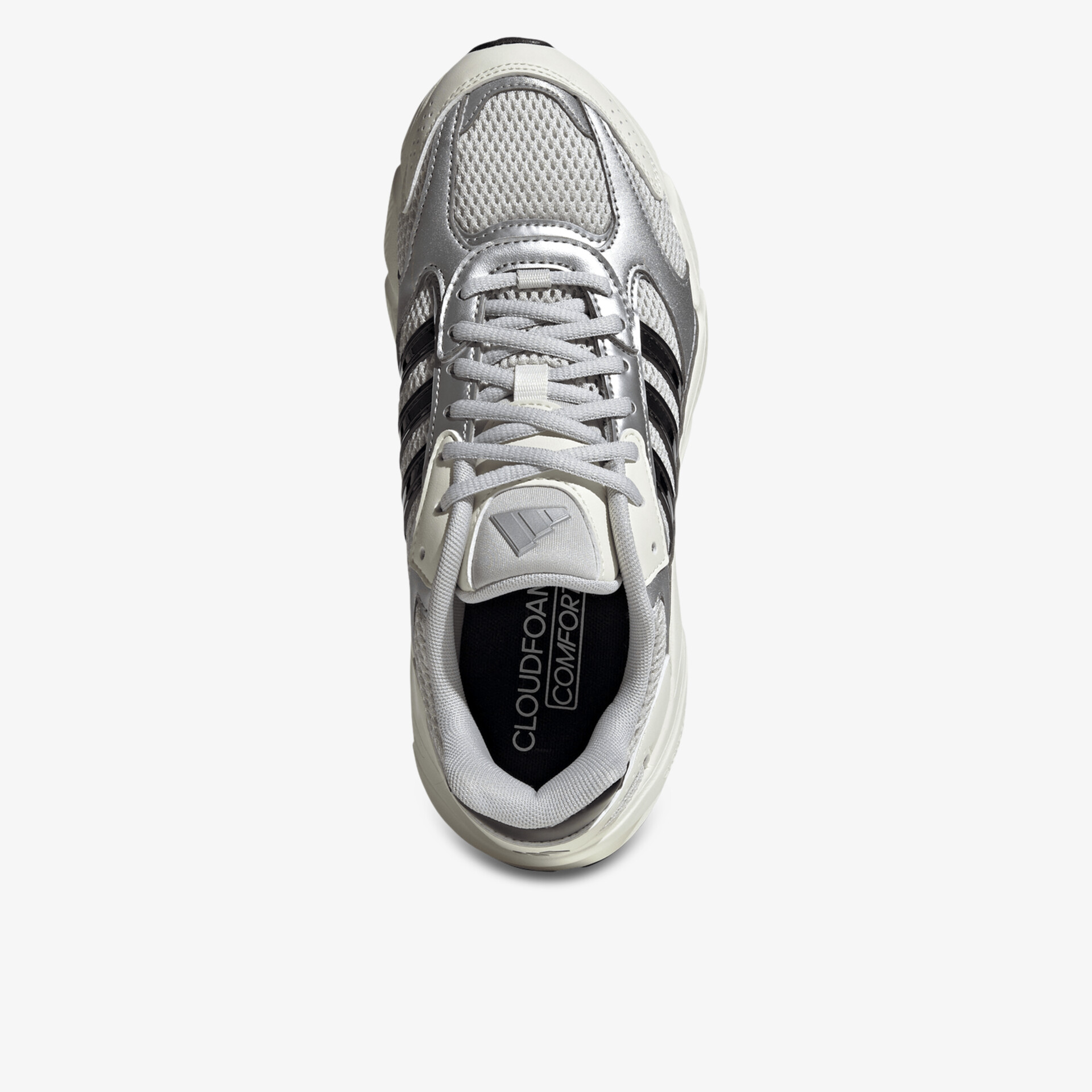Weiße Laufschuhe mit atmungsaktivem Mesh-Obermaterial und gepolsterter Sohle in Draufsicht