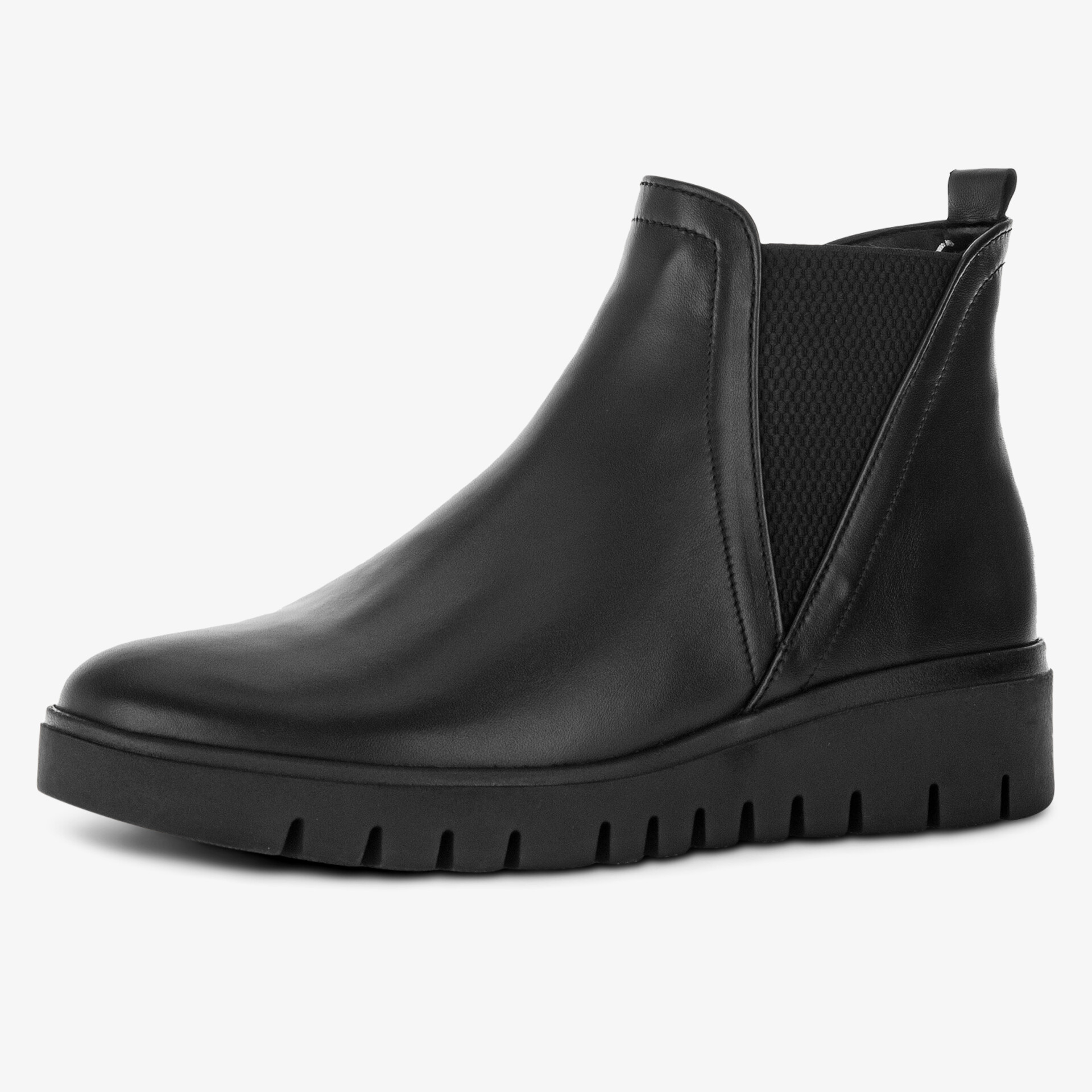 Schwarzer Stiefel mit glattem Leder, elastischen Seiteneinsätzen, komfortabler Sohle und modernem Minimaldesign