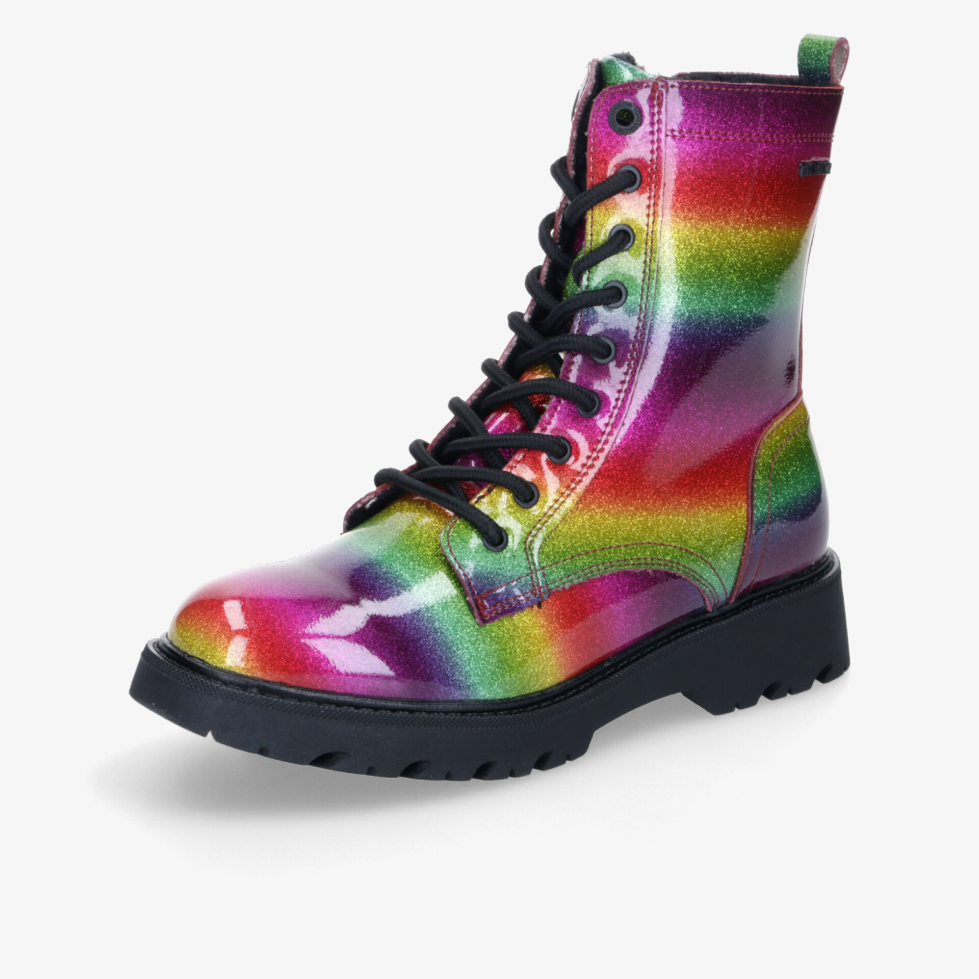 Bunter glänzender Stiefel mit hohem Schaft, robuster Sohle und stabiler Schnürung, modisch und langlebig