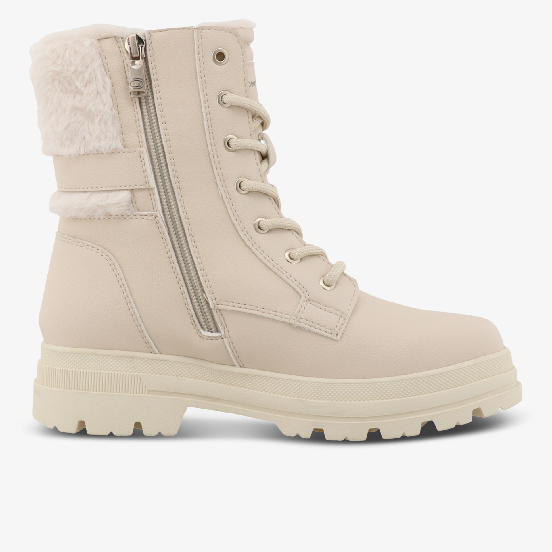 Beiger Winterstiefel mit warmem Innenfutter, praktischem seitlichem Reißverschluss und profilierter Laufsohle, seitliche Ansicht