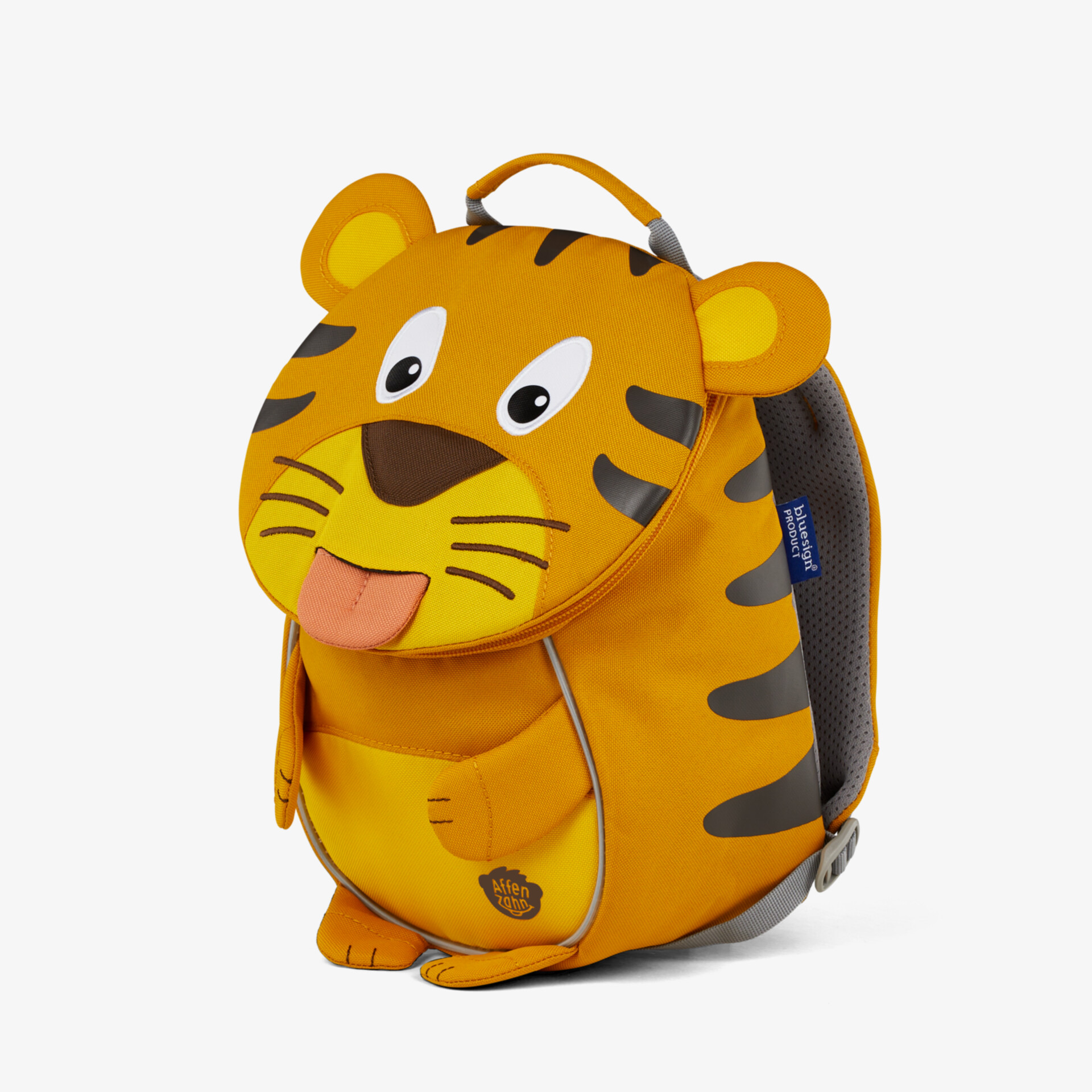 Gelber Kinderrucksack in Tigerform mit fröhlichem Design, praktisch und robust für den Alltag