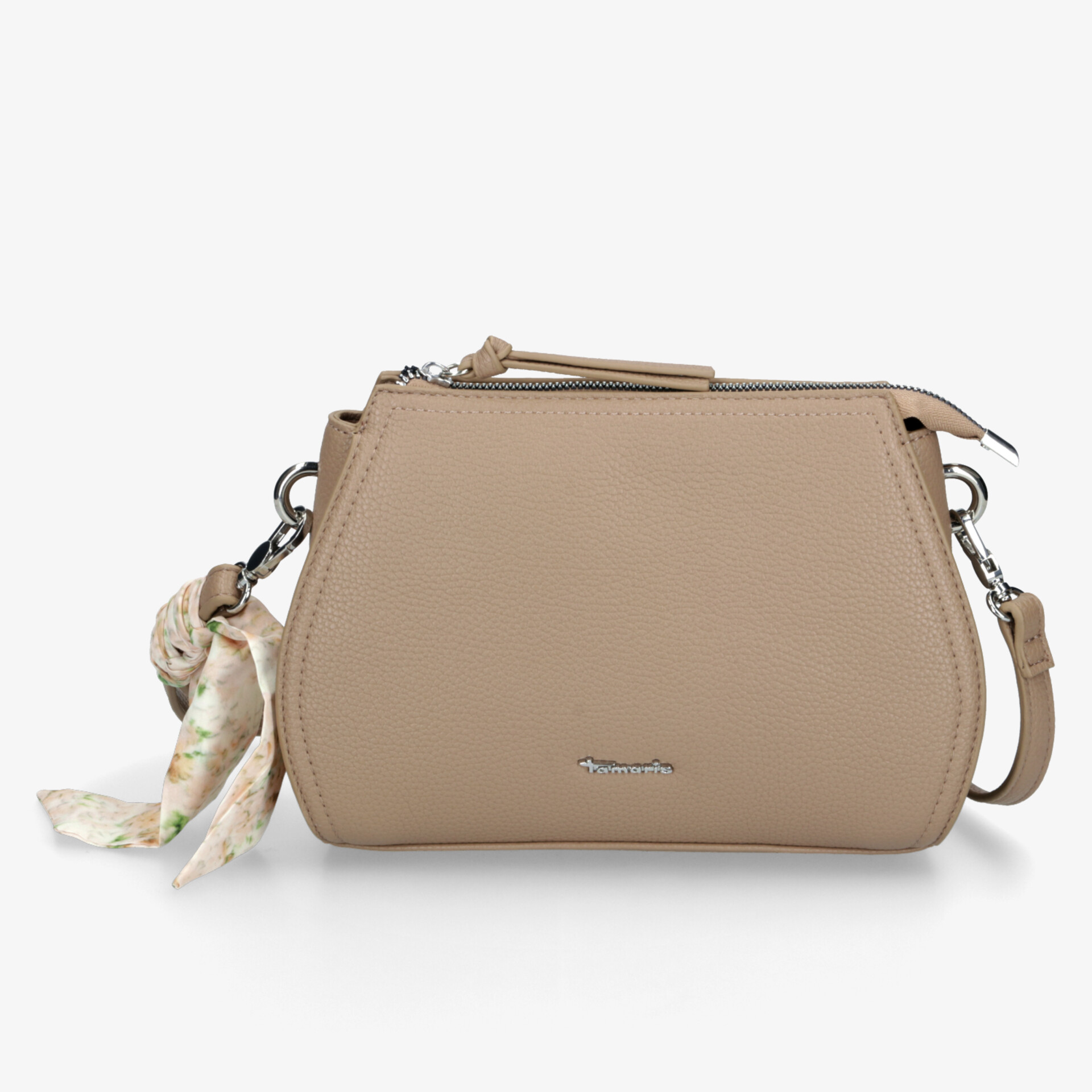 Elegante beige Handtasche aus Kunstleder mit abnehmbarem Schulterriemen und dekorativem Tuchanhänger.