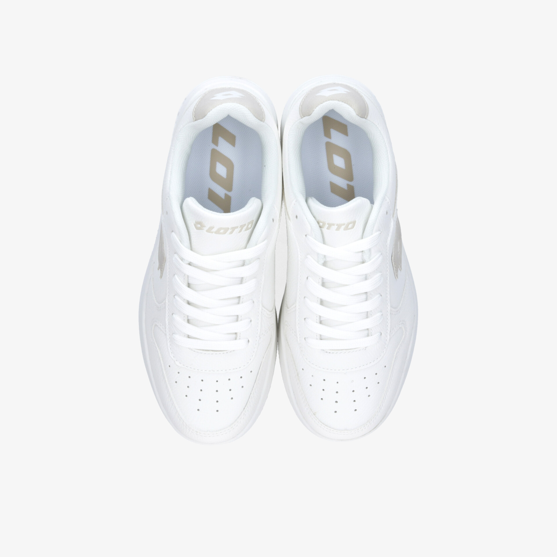 Weiße Sneaker im Paar, Draufsicht, mit perforiertem Obermaterial und bequemer Form für optimalen Tragekomfort