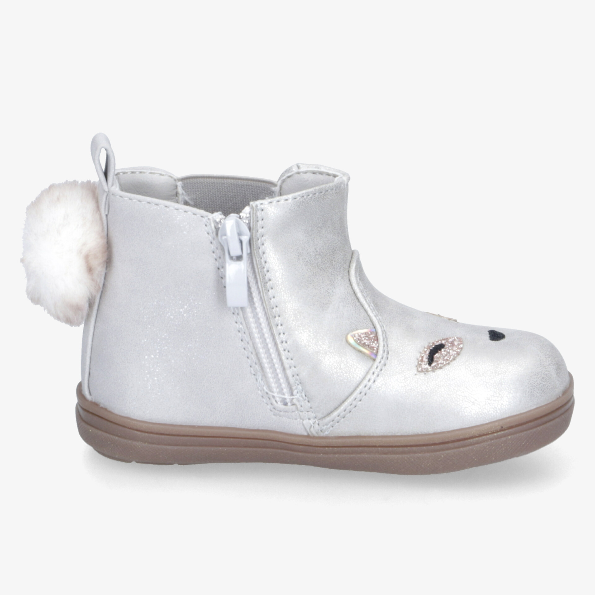 Seitliche Ansicht silberner Kinderstiefel mit Reißverschluss rutschfeste Sohle und dekorativem Bommel