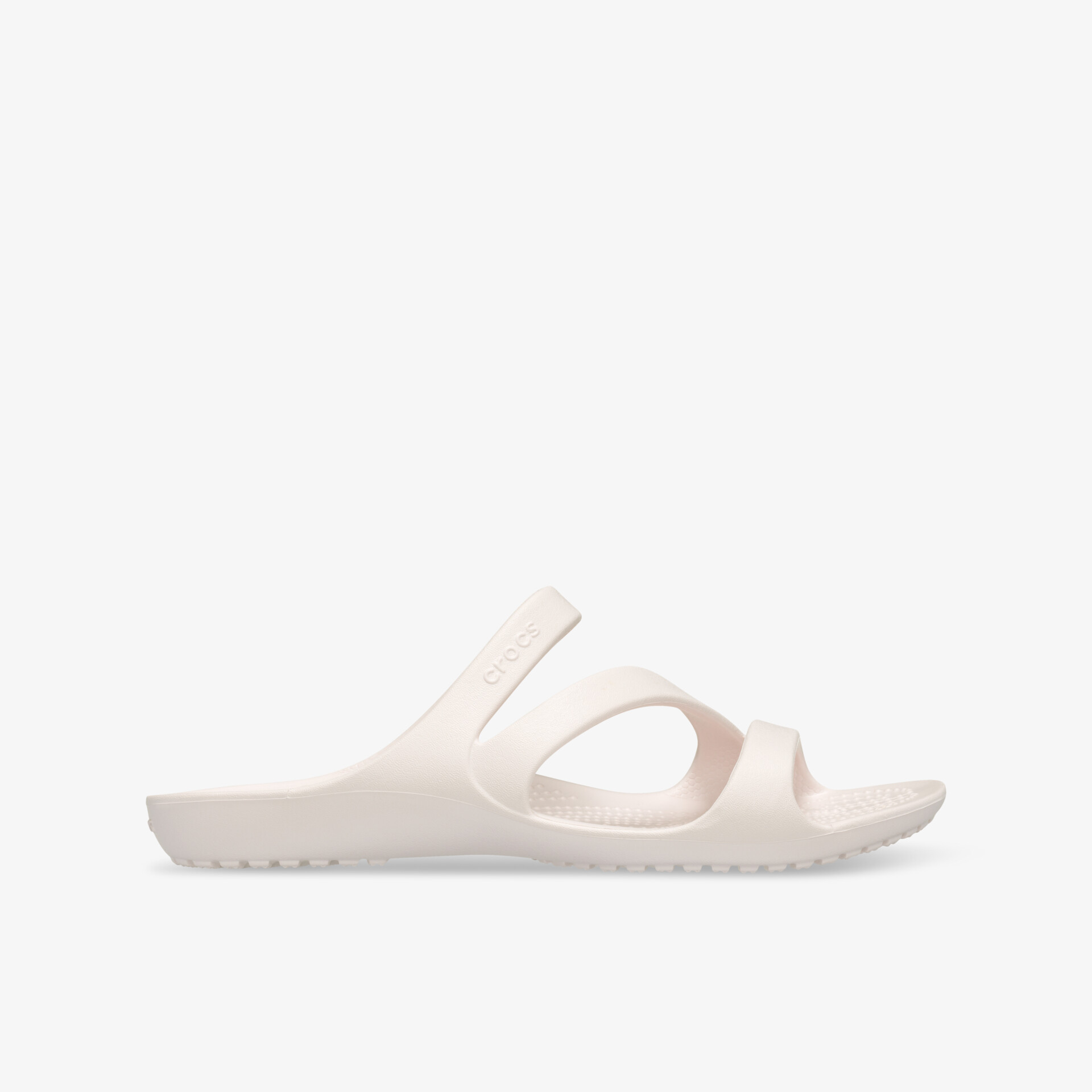 Seitliche Ansicht einer weißen leichten Sandale mit bequemer, flexibler Sohle und offenem, atmungsaktivem Design