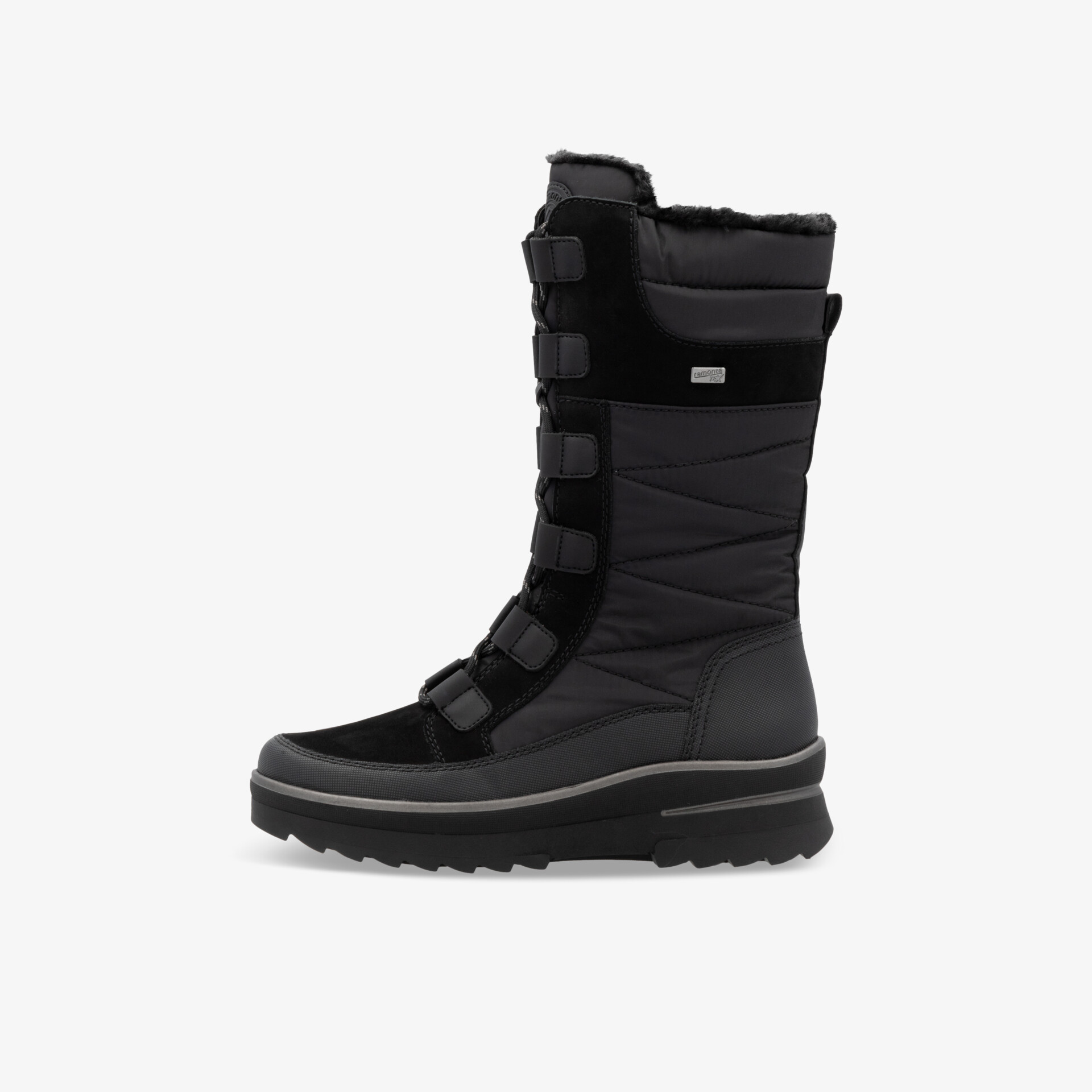 Schwarzer Winterschuh mit hohem Schaft und rutschfester Sohle, wasserabweisend und warm gefüttert, seitliche Ansicht