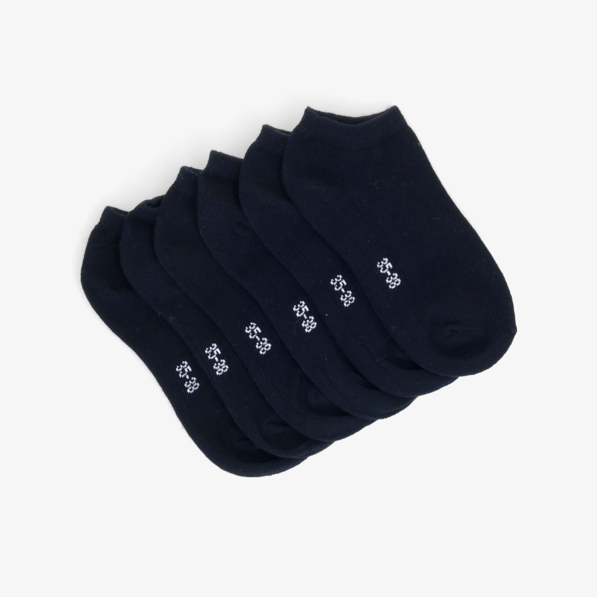 Set aus sechs schwarzen Sneakersocken, weich, dehnbar und komfortabel für den Alltag