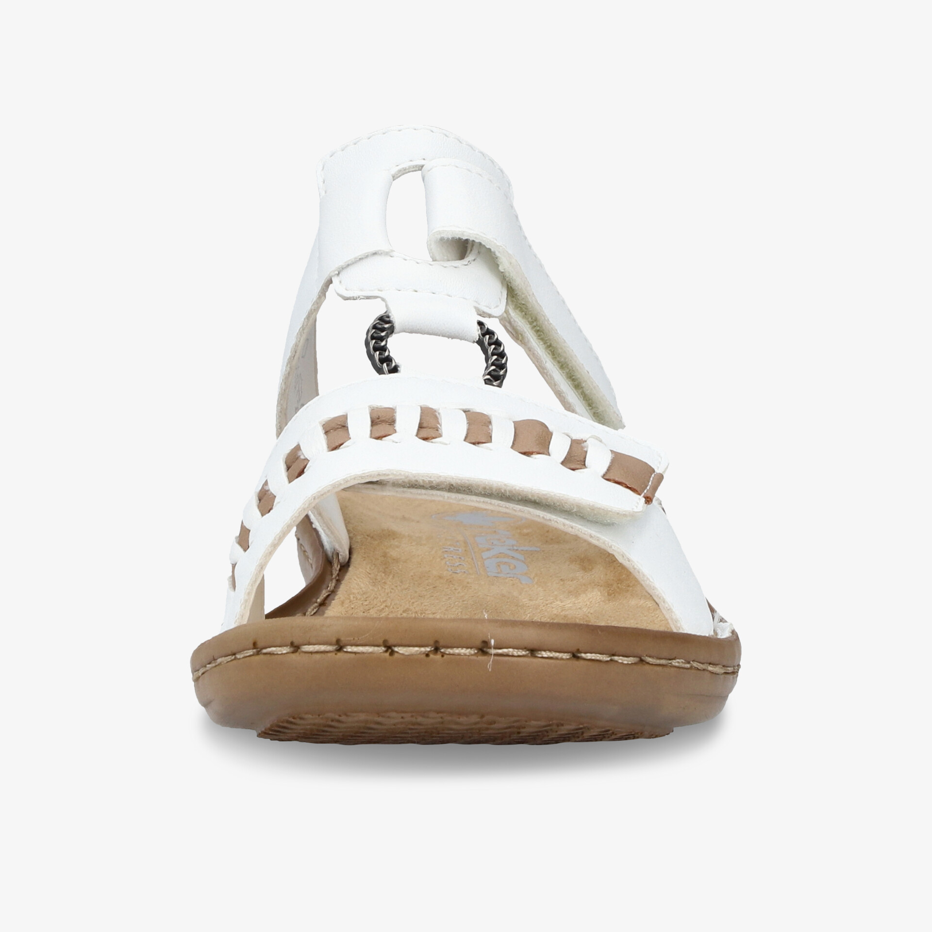 Weiße Sandale aus Leder mit verstellbarem Riemen und bequemer Sohle, Frontansicht zeigt robustes und modernes Design