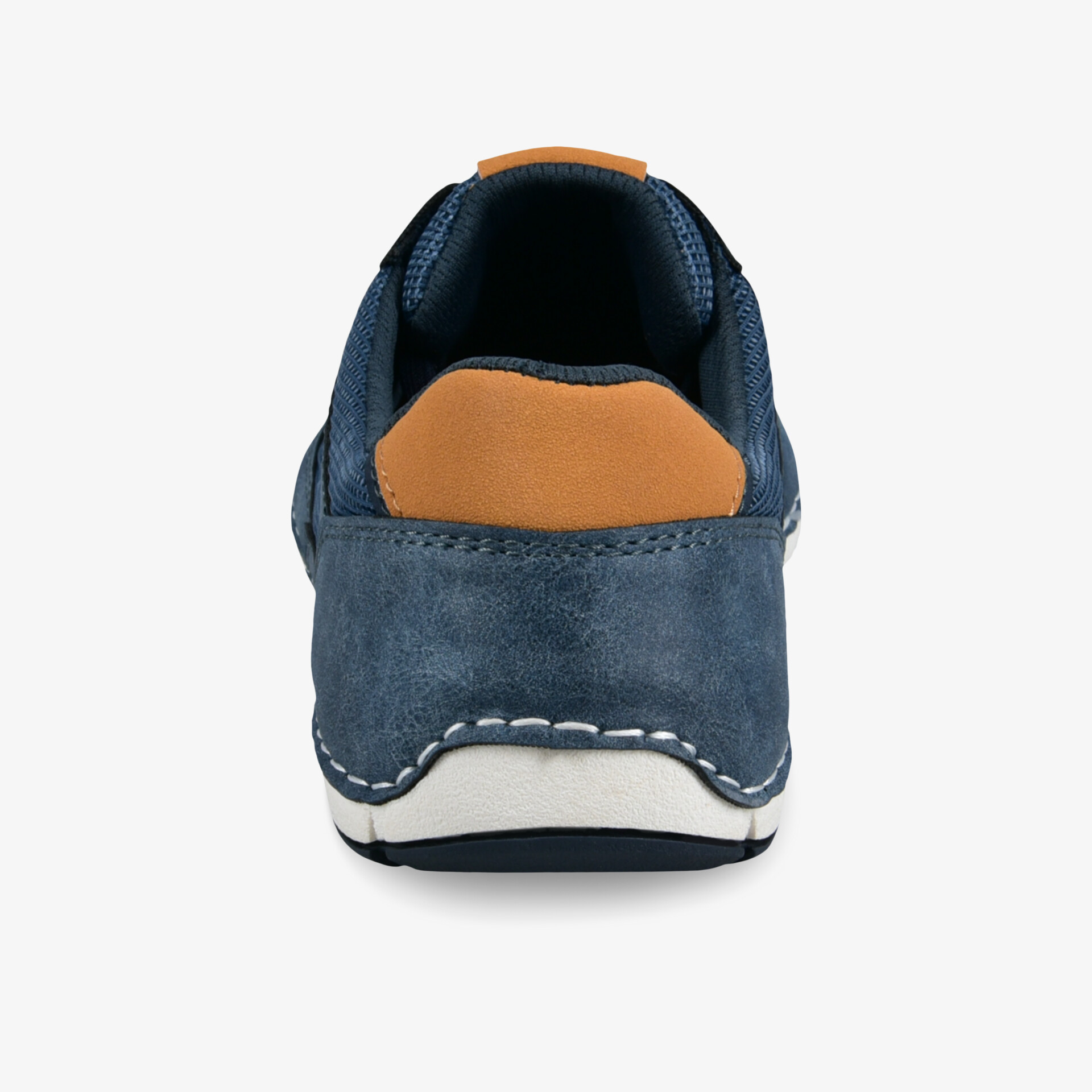 Rückansicht eines blauen, sportlichen und bequemen Schuhs mit robuster Sohle und gepolstertem Innenfutter