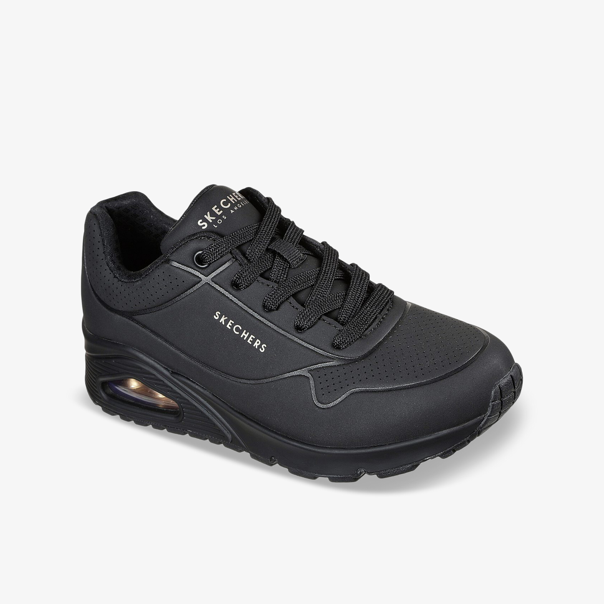 Schwarzer sportlicher Sneaker mit komfortabler Passform, stoßdämpfender Sohle und langlebigem Material in schräger Frontansicht