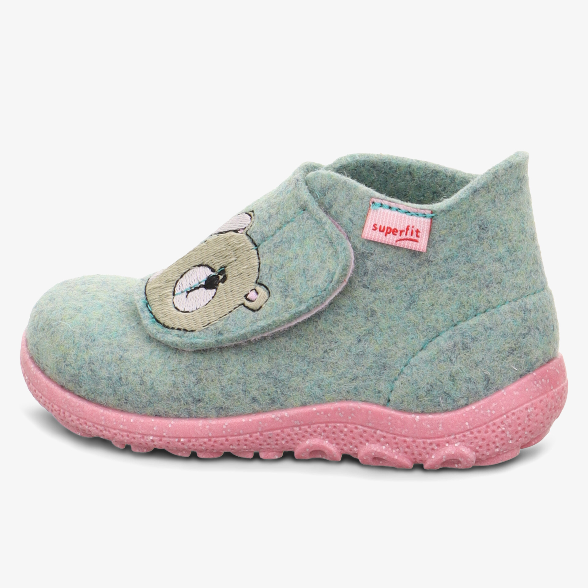 Kuscheliger Hausschuh aus Filz mit rutschfester pinker Sohle und süßem Bärenmotiv, Klettverschluss für leichten Einstieg