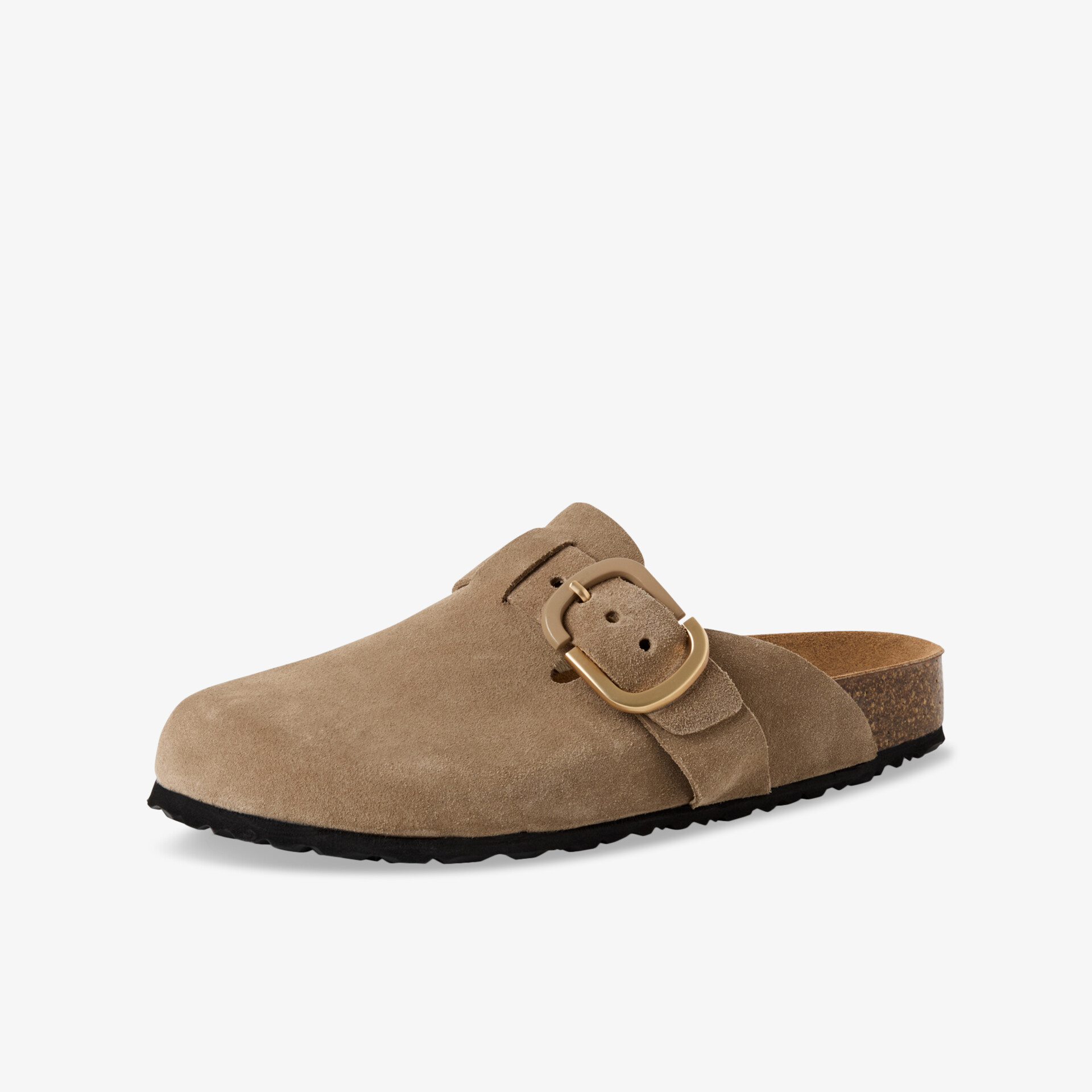 Beiger Wildleder-Clog mit stabiler Metallschnalle, komfortabel und leicht, ideal für den Alltag