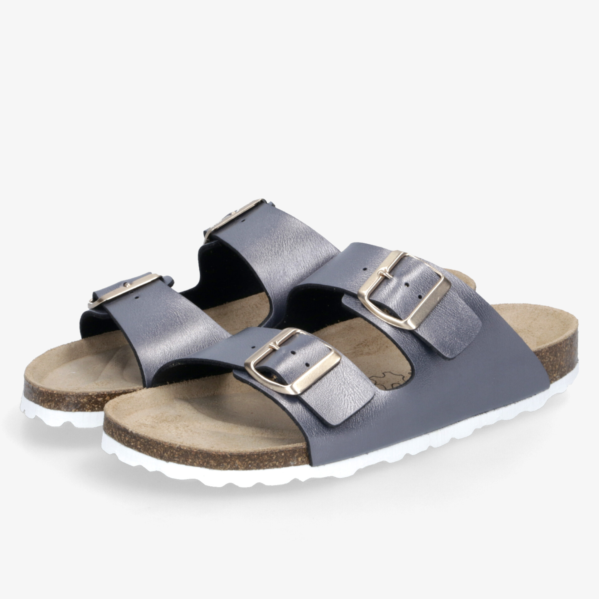 Bequeme Sandalen mit verstellbaren Doppelriemen und metallischen Schnallen, weiches Fußbett und rutschfeste weiße Sohle