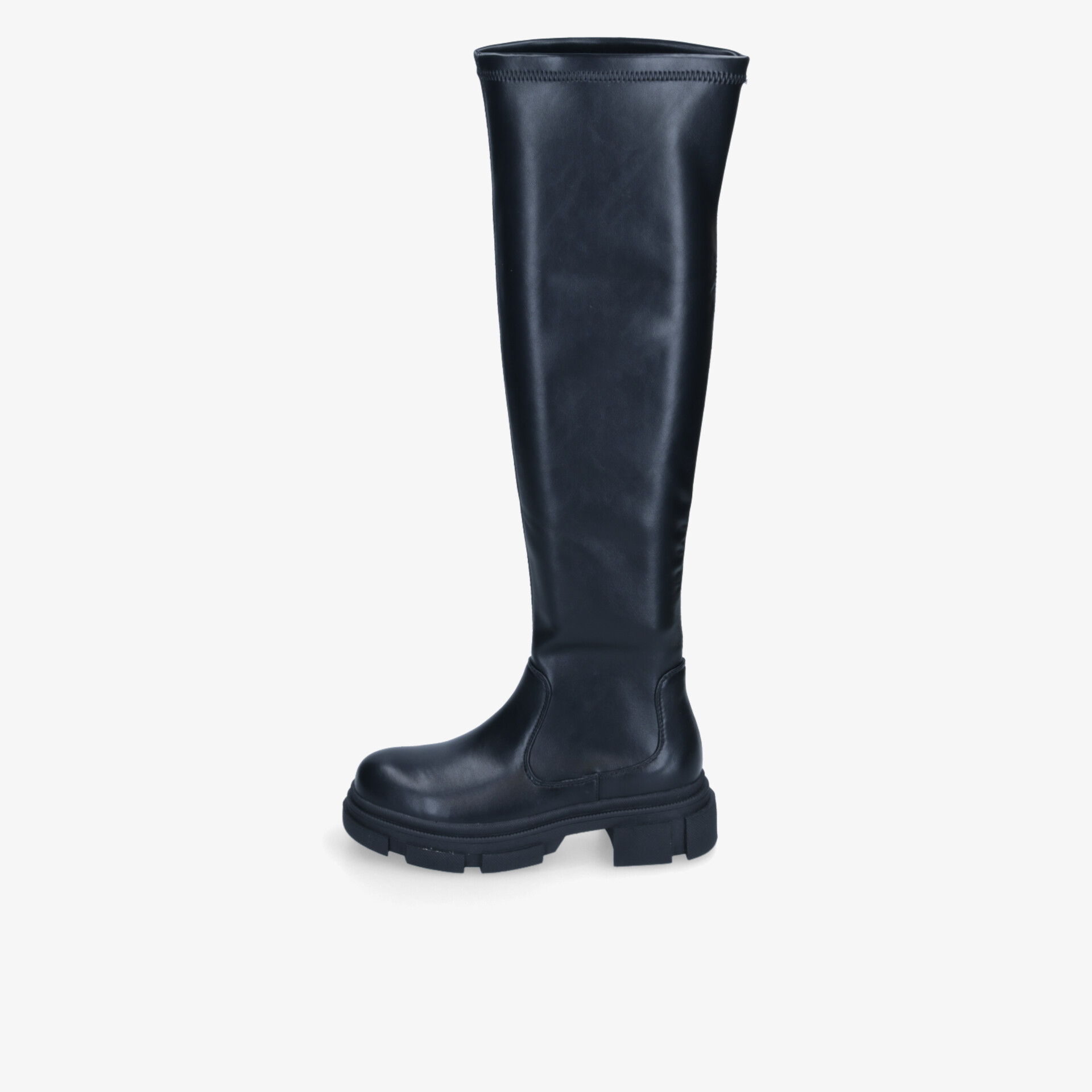 Schwarzer kniehoher Stiefel mit robuster Sohle und elegantem, glattem Material in seitlicher Ansicht