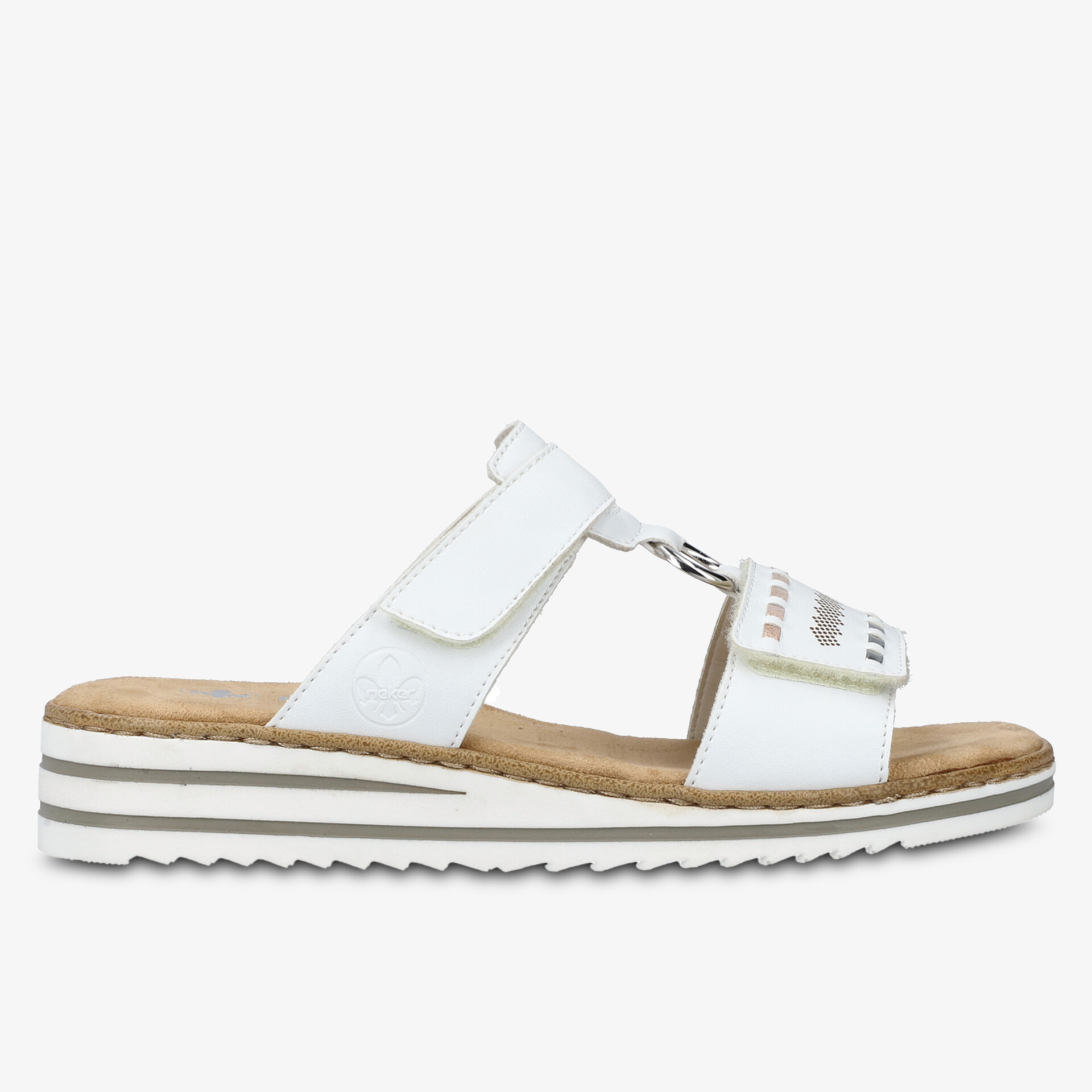 Bequeme weiße Sandale mit verstellbarem Riemen und profilierter rutschfester Laufsohle