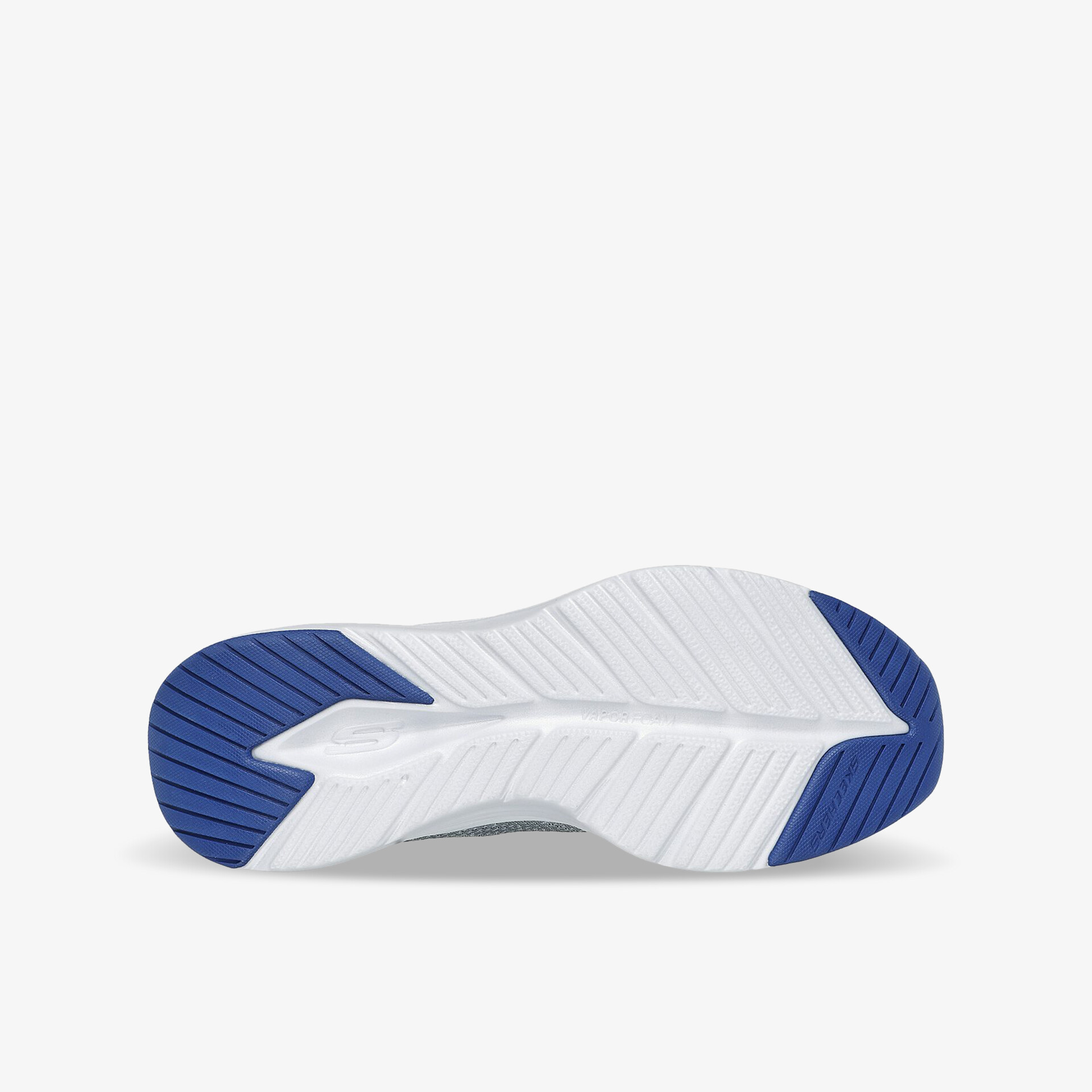 Weiße Sportschuhsohle mit blauem Profil, rutschfest und flexibel für optimalen Halt und erhöhten Tragekomfort