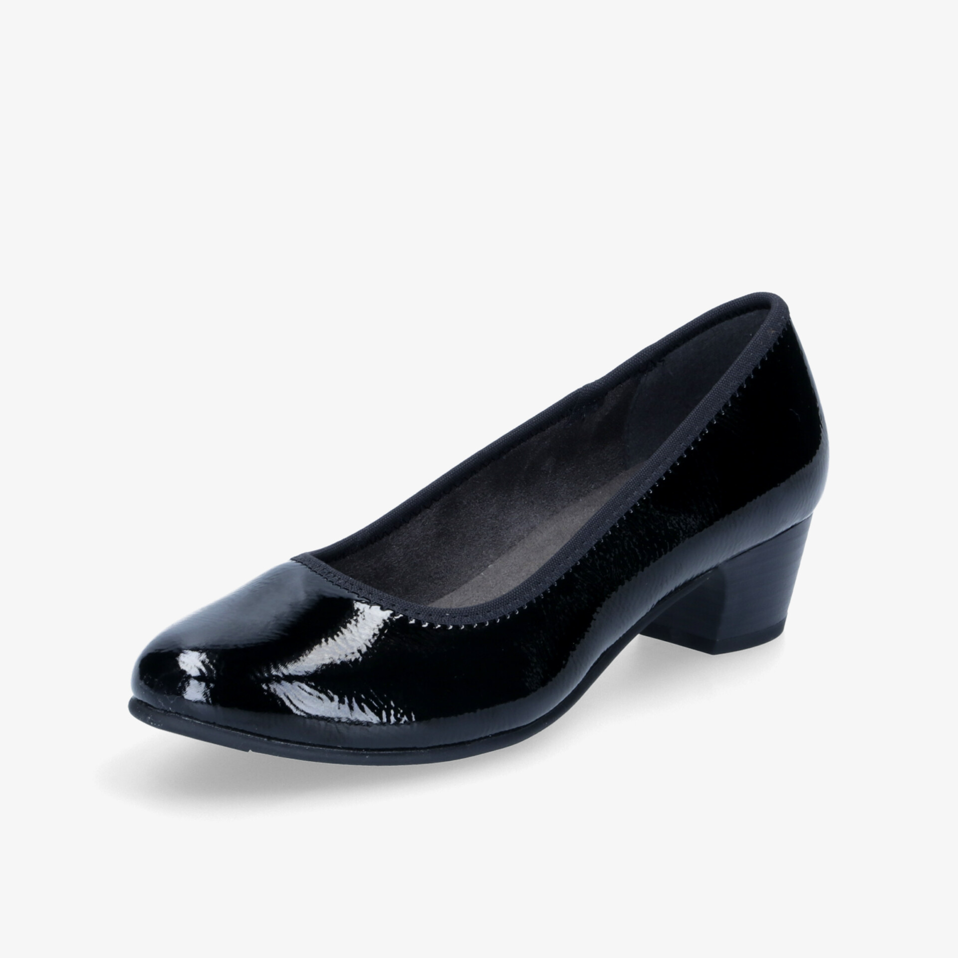 Eleganter schwarzer Lackleder-Schuh mit komfortablem Blockabsatz.