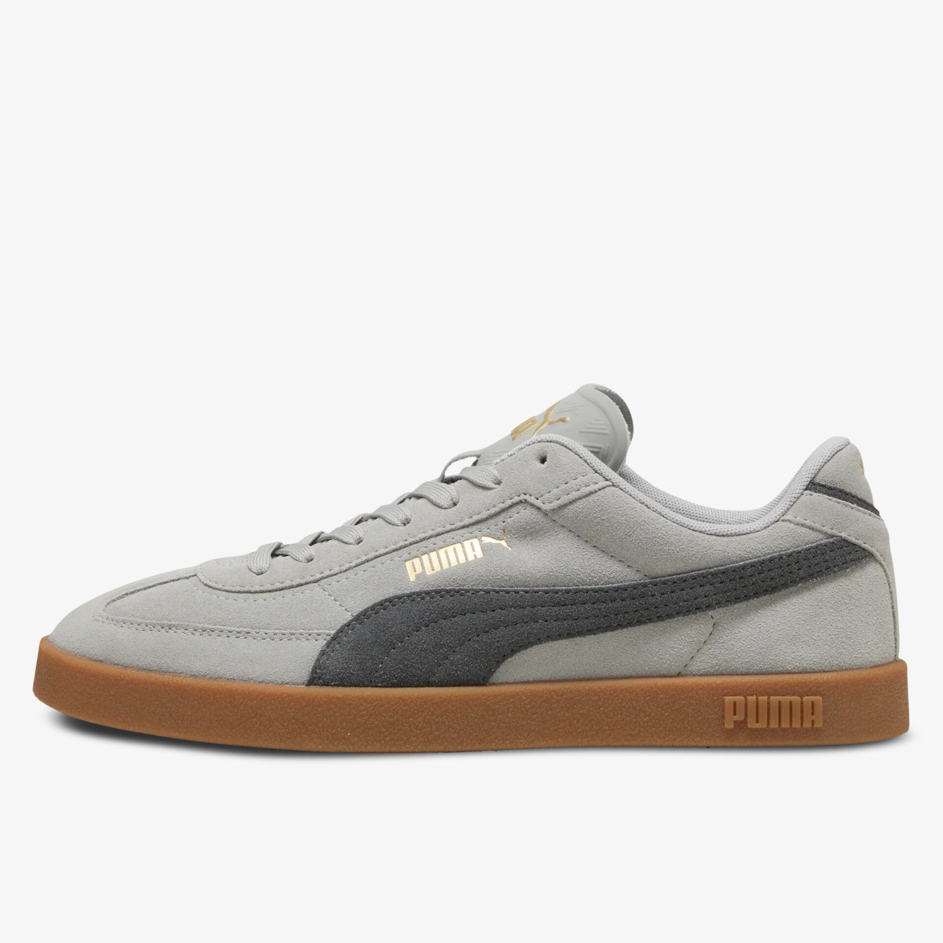 Seitliche Ansicht eines grauen Sneakers mit brauner Gummisohle, sportlich und komfortabel für Alltag