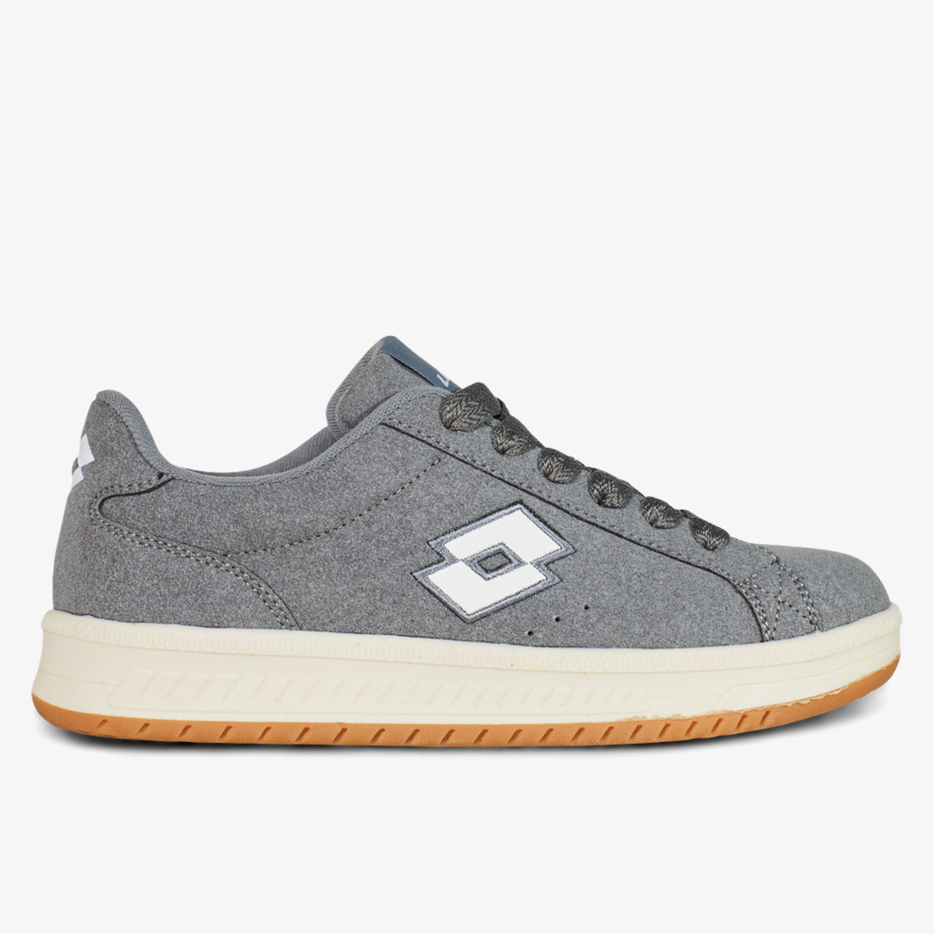 Seitliche Ansicht eines grauen Schuhs mit bequemer Sohle und sportlichem Design