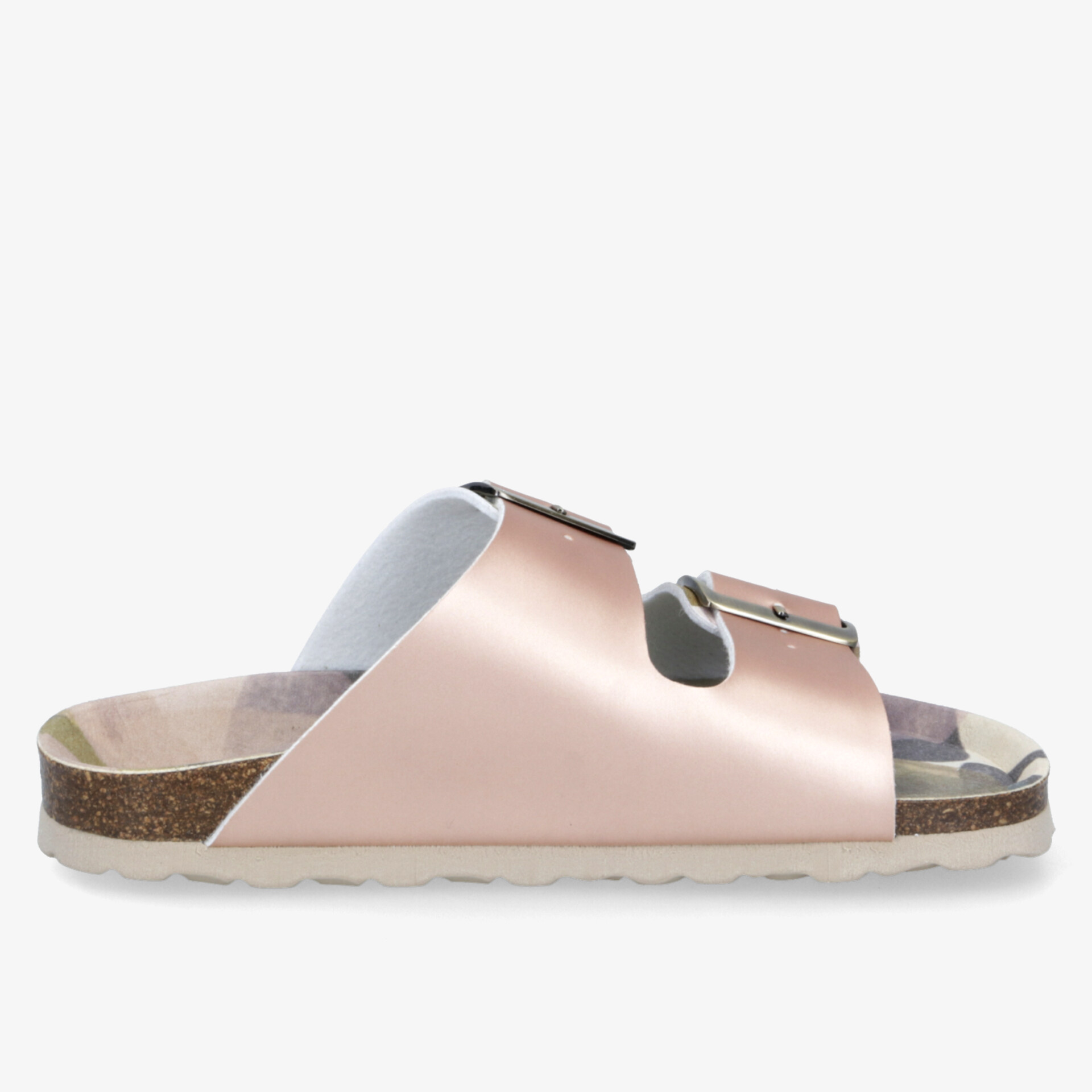 Seitenansicht einer komfortablen rosa Sandale mit verstellbaren Schnallen und weicher ergonomischer Sohle