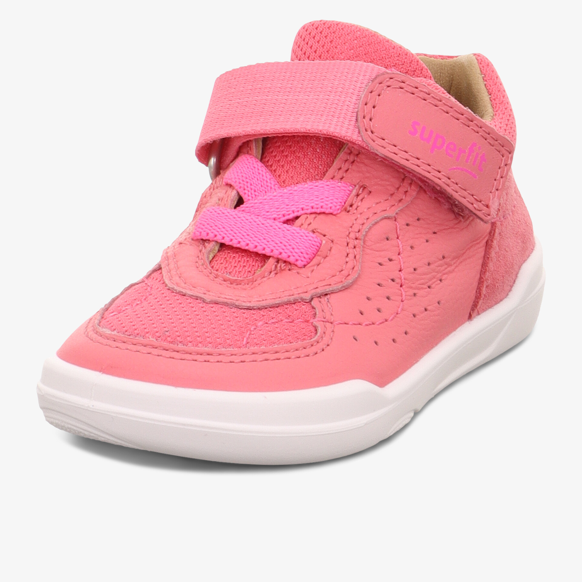 Bequemer rosa Kinderschuh mit Klettverschluss und flexibler, weicher Sohle für angenehmen Tragekomfort