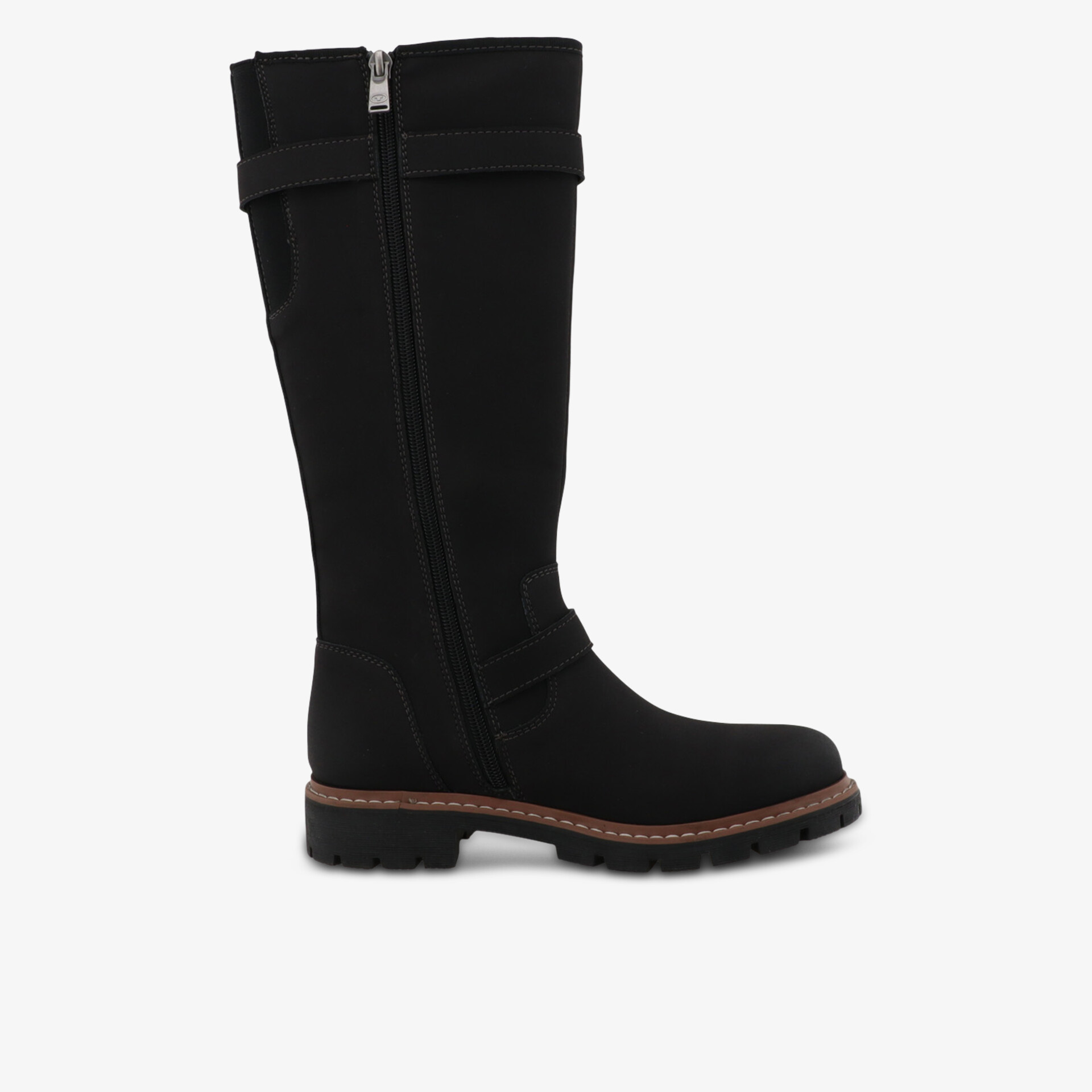 Schwarzer knielanger Stiefel mit seitlichem Reißverschluss und robustem Absatz, elegante Seitenansicht