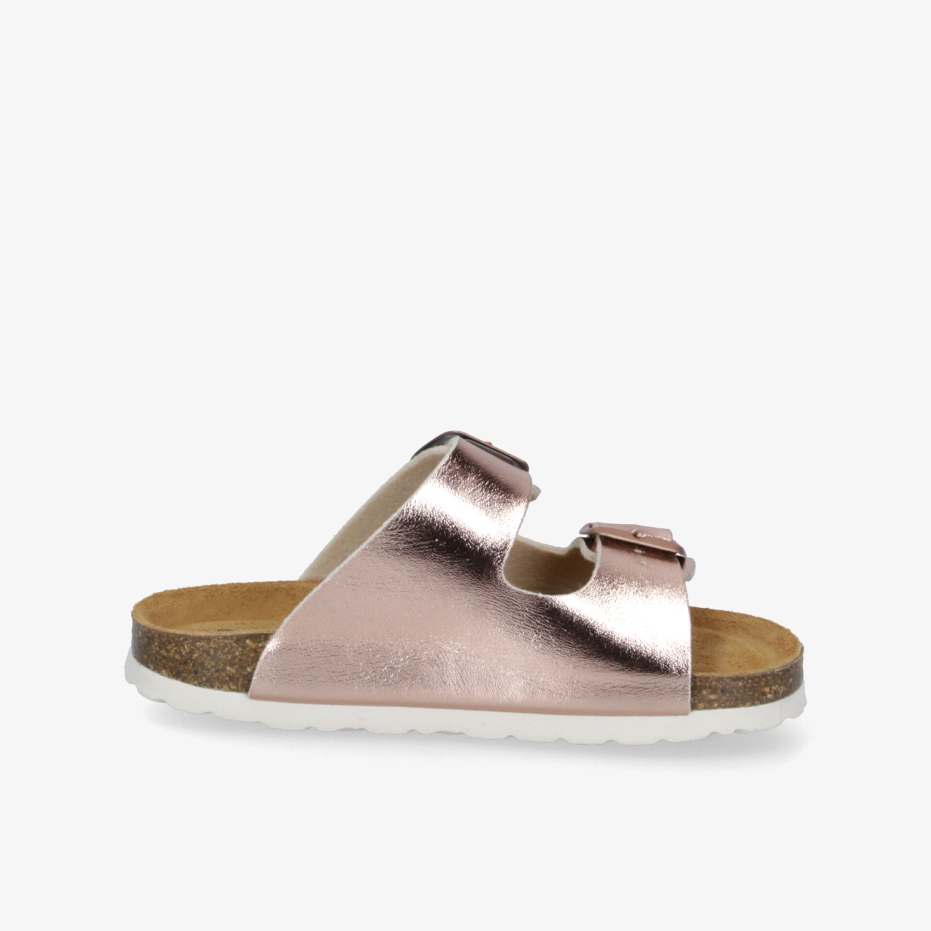 seitliche Ansicht einer verstellbaren metallic Sandale mit weichem Fußbett und robuster Sohle