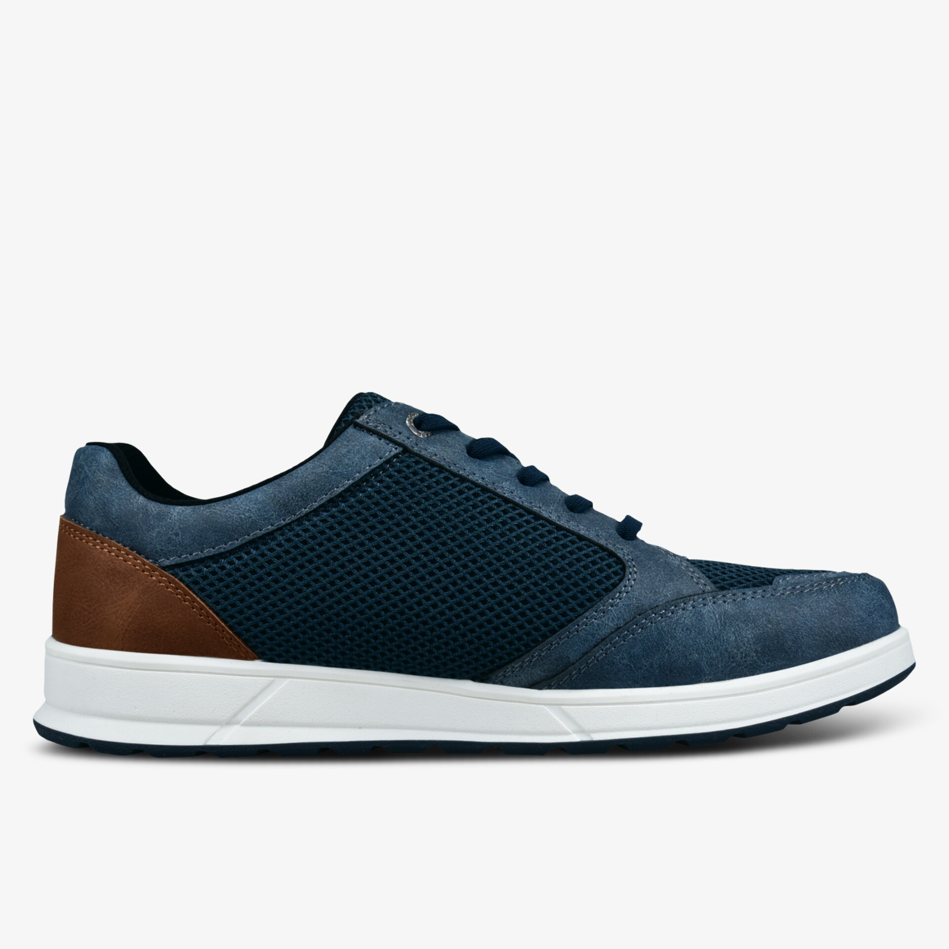 Moderner blauer Sneaker mit weißen Sohlen und braunen Akzenten, ideal für Alltag und Freizeit.