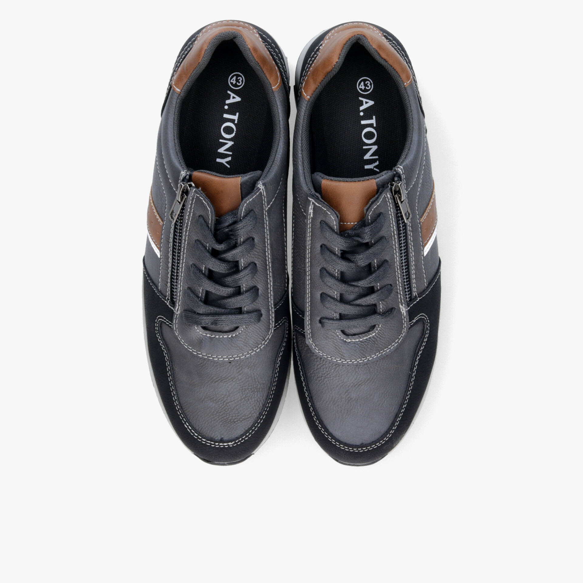 Sportliche graue Sneaker mit Schnürsenkeln und gepolstertem Kragen, langlebig und rutschfest, Paaransicht von oben