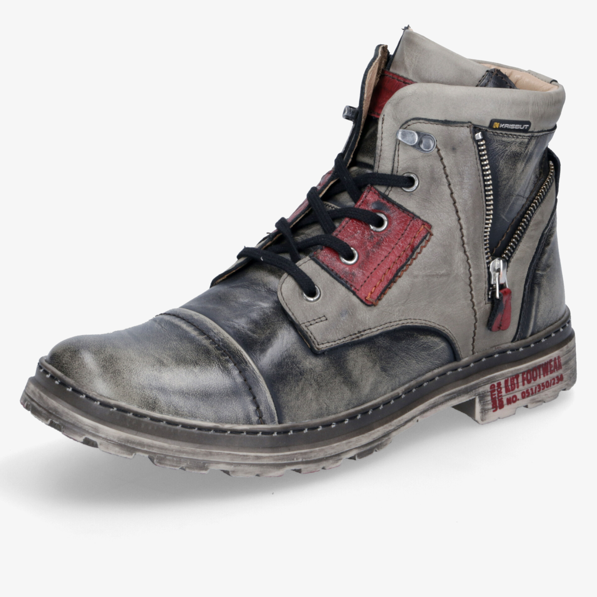 Robuster, stylischer Schnürstiefel mit komfortablem Reißverschluss und modischem Design in Grau und Rot