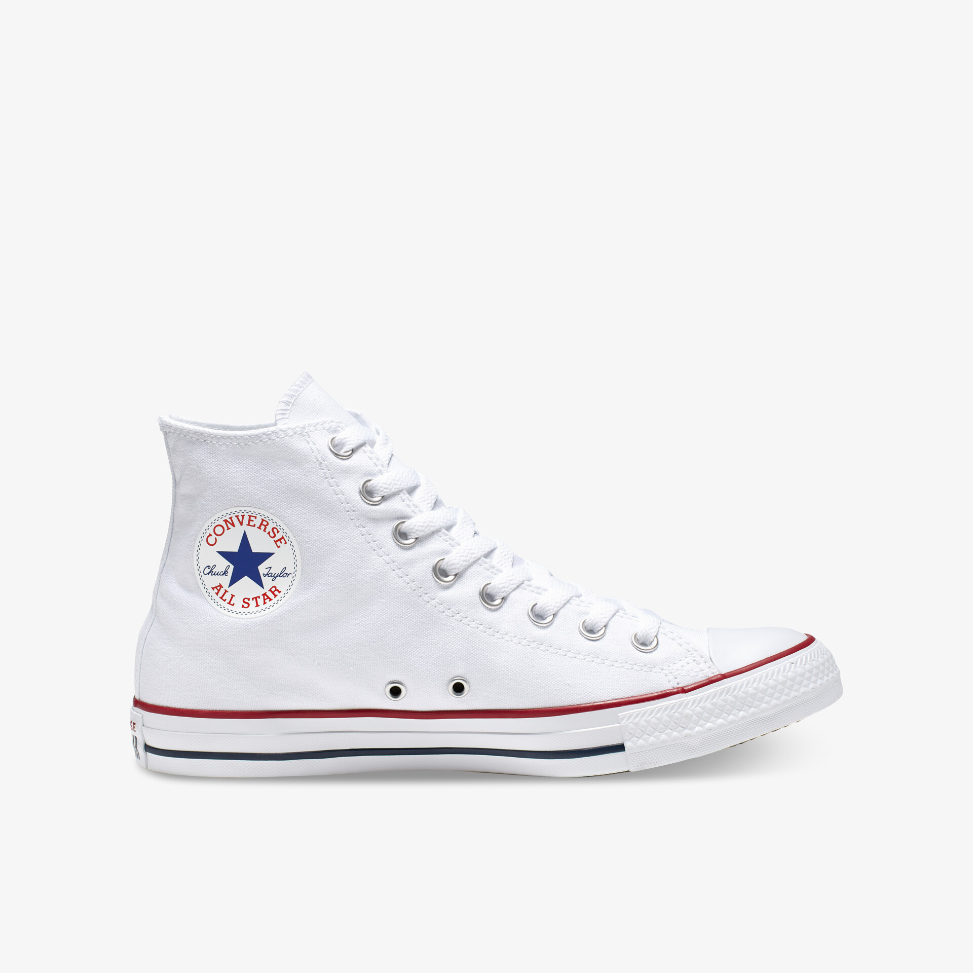 Weißer hoher Sneaker seitlich gezeigt, klassische Form mit Schnürsenkeln und robuster Gummisohle