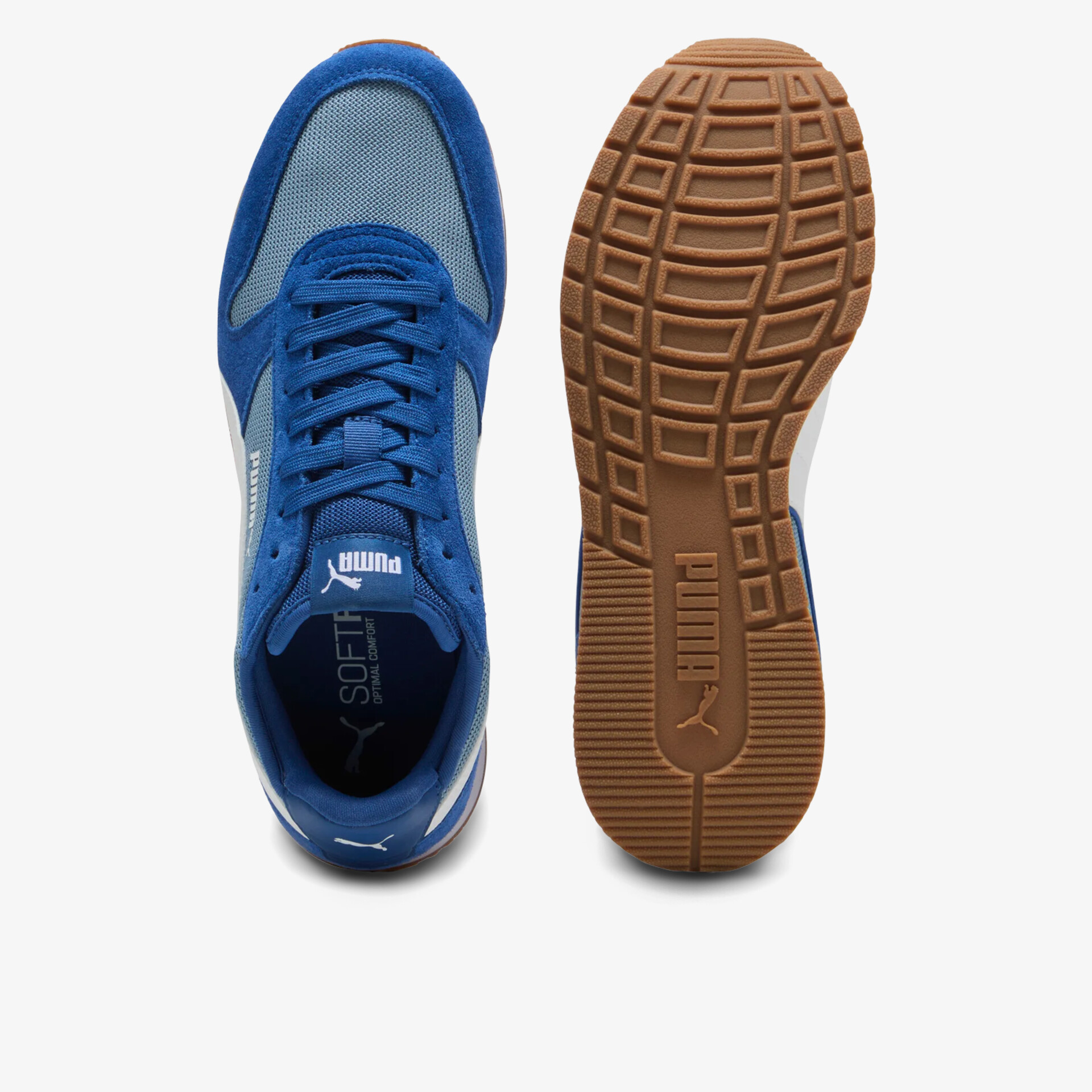 Blauer Sneaker mit robust profilierter brauner Sohle und sportlichem Design in Draufsicht