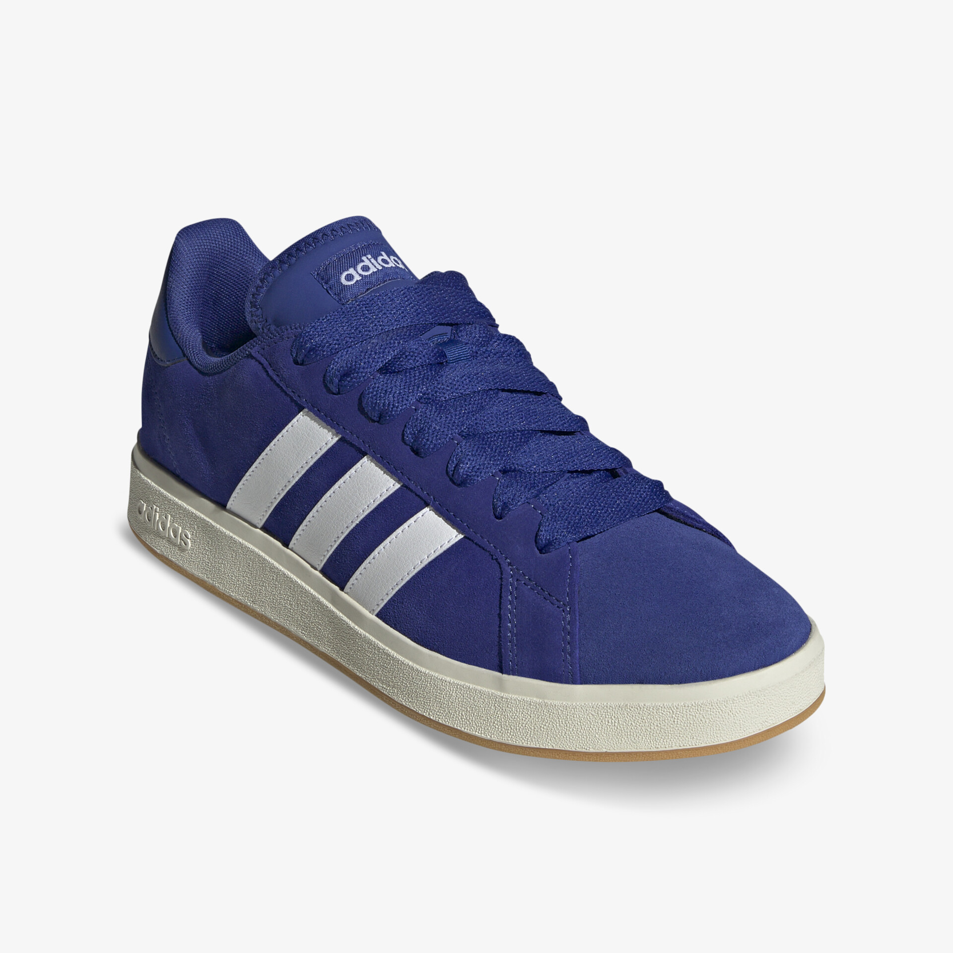 Blauer Sportschuh mit weißen Streifen, sportliches Design, bequemer Schnitt und langlebige Sohle, seitliche Ansicht