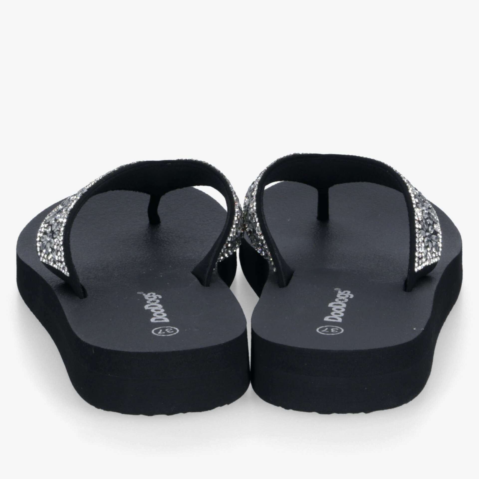 Schwarze Flipflops mit glitzernden Riemen und komfortabler Sohle, sichtbar als Paar von hinten