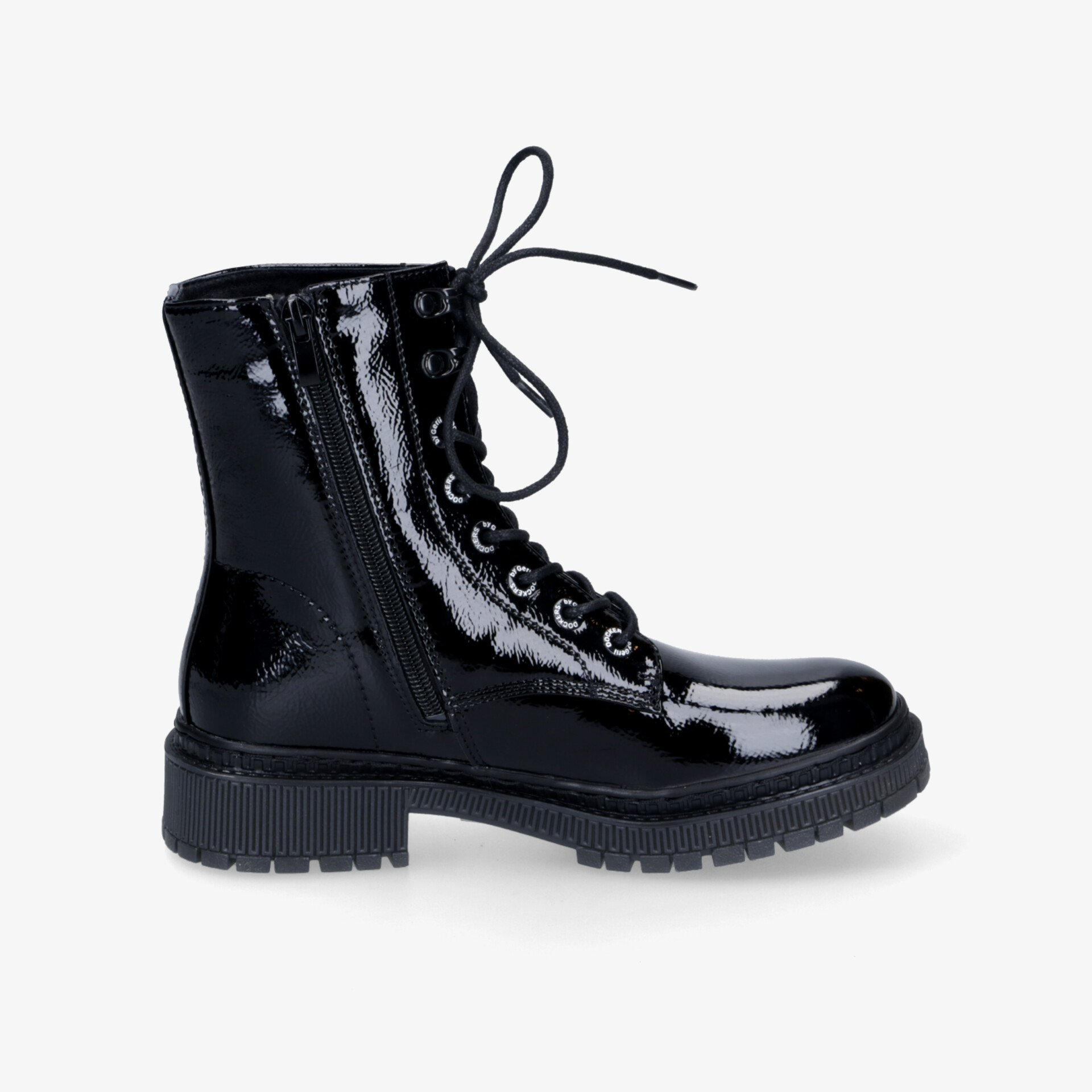 Schwarzer glänzender Schnürstiefel mit robustem Absatz und seitlichem Reißverschluss, klare Seitenansicht