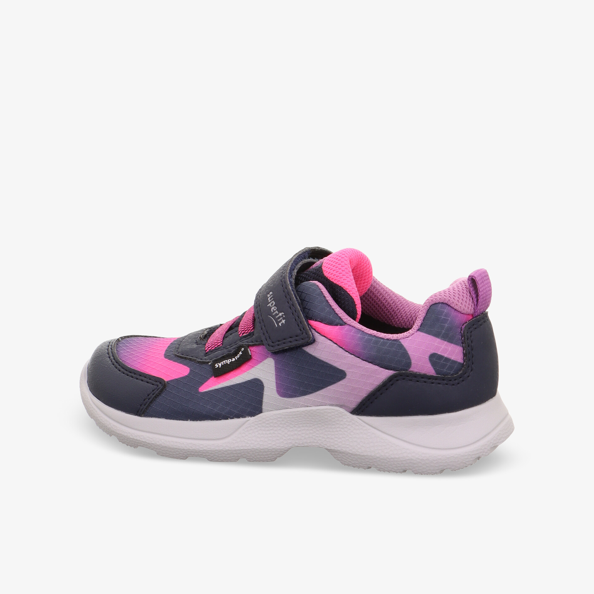 Sportlicher Schuh in pink und dunkelblau mit leichtem, flexiblem Design und rutschfester Sohle seitliche Ansicht