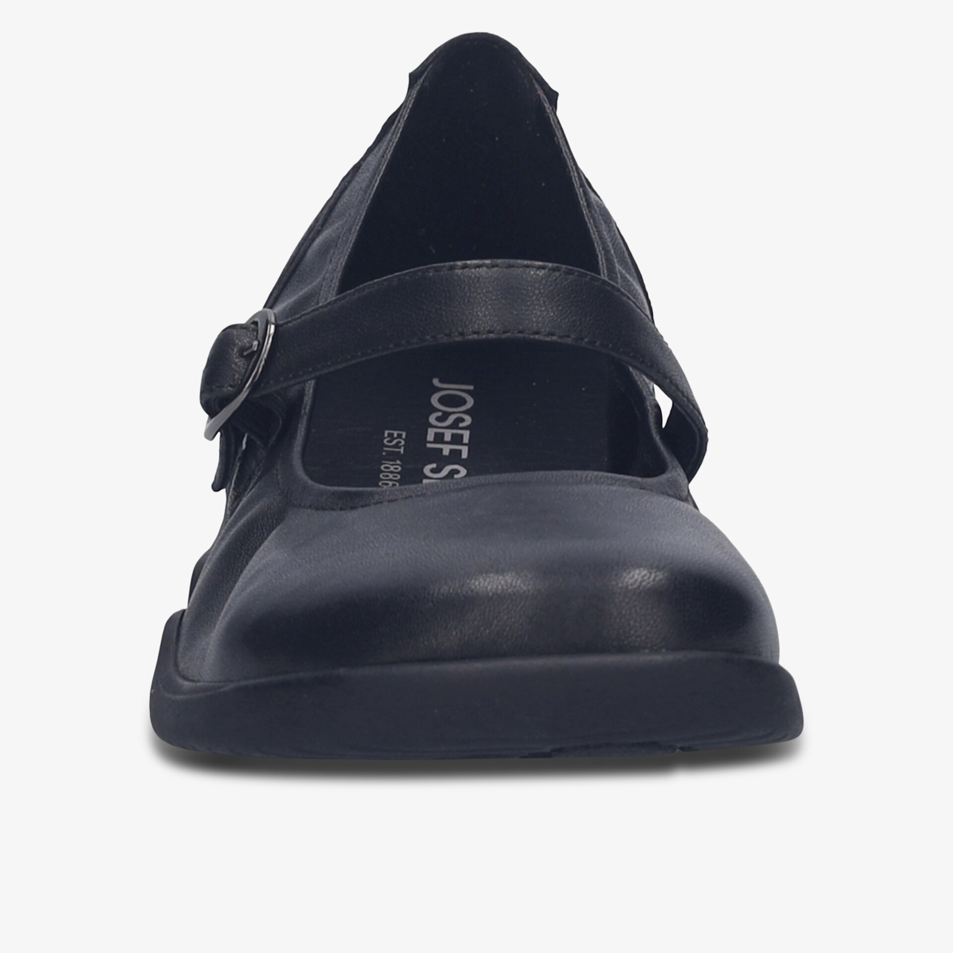 Bequemer schwarzer Schuh mit verstellbarem Riemen und runder Zehenkappe, frontale Ansicht