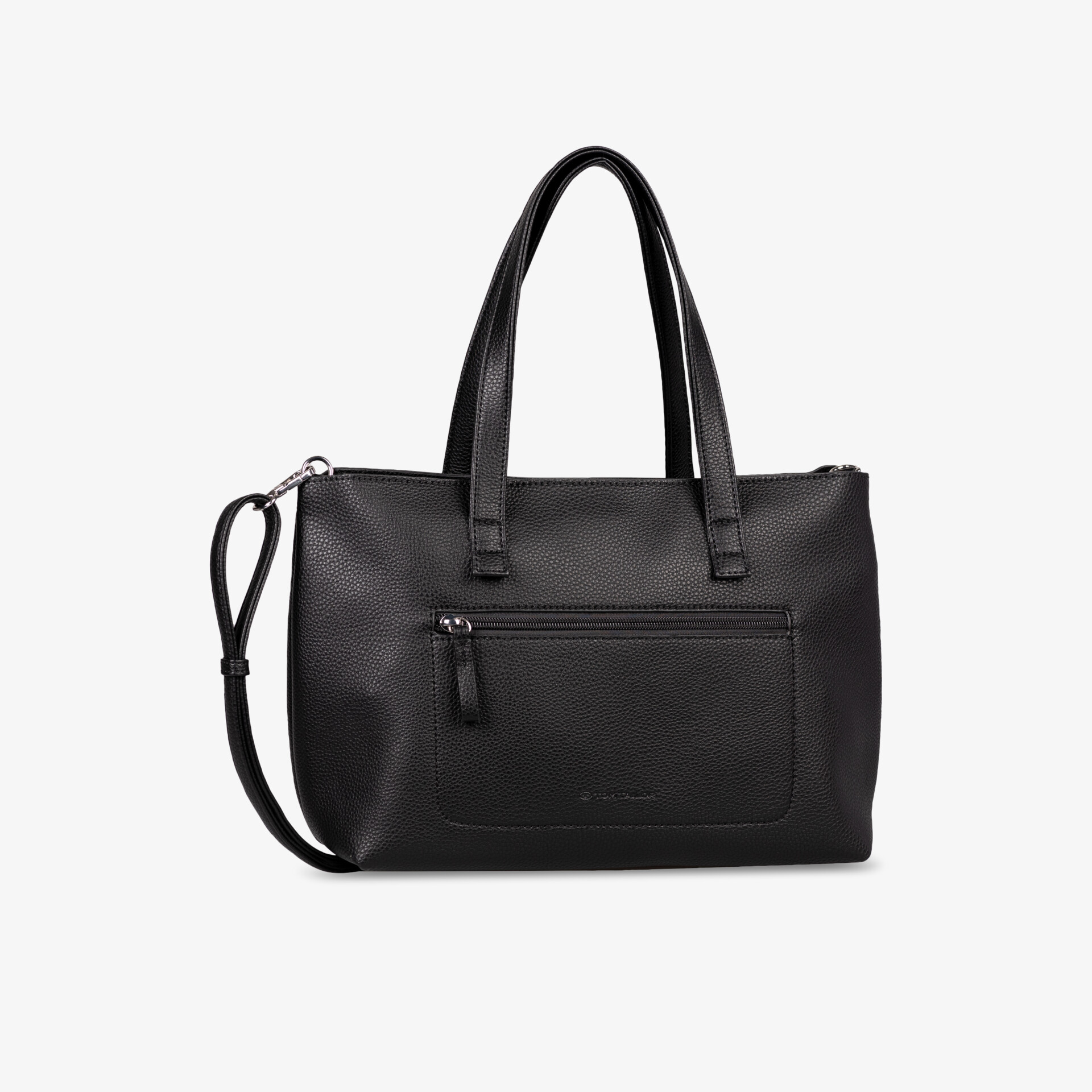 Schwarze elegante Handtasche mit robustem Material, geräumigem Innenraum und abnehmbarem Schulterriemen in schräger Frontansicht